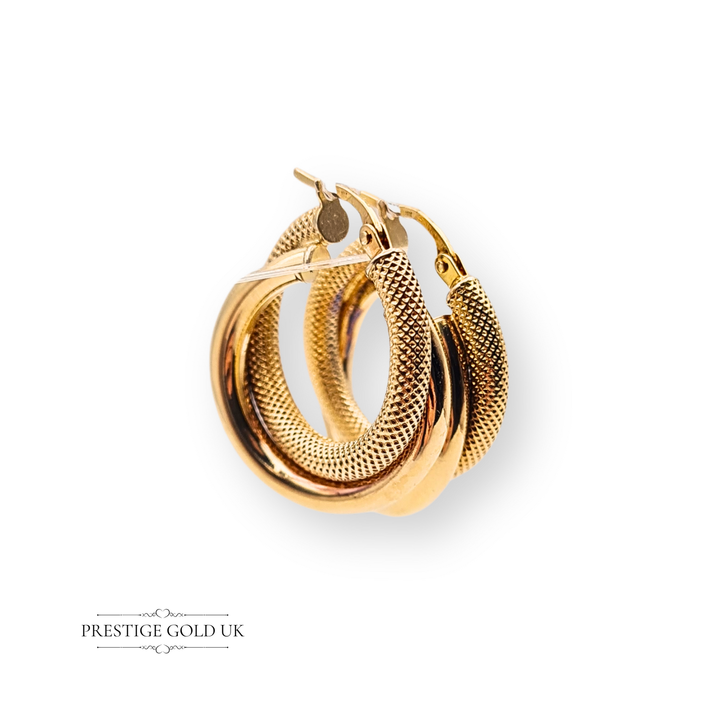 9ct Gold Interlocking Hoop Earrings, Textured & Smooth Finish, Hollow Flip Tops