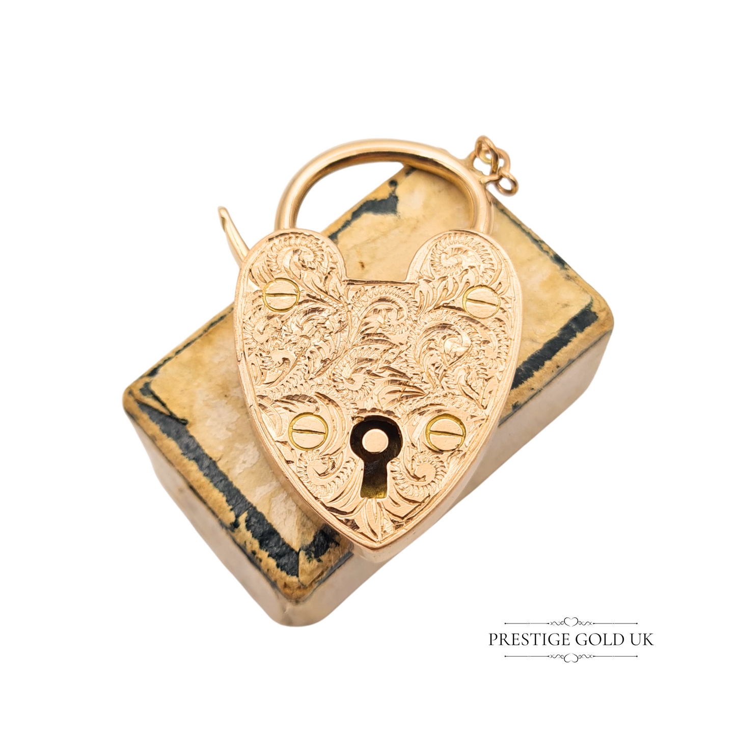 Huge Antique 9ct Rose Gold Hand Engraved Heart Padlock Charm Or Pendant