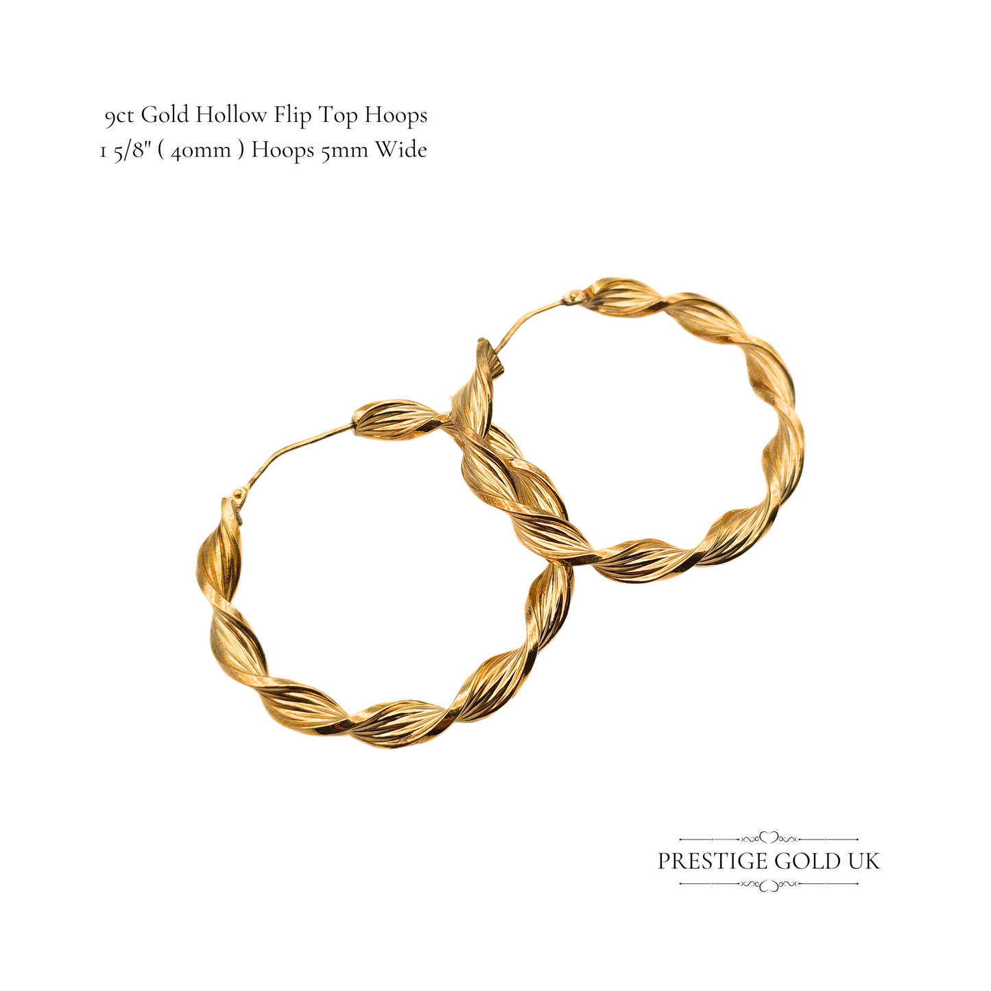 Large Vintage 9ct Gold Twisted Hoop Earrings, 40mm Hollow Hoops, Stamped 375, Flip Top Clasp, 5mm Wide Lightweight Statement Earrings,