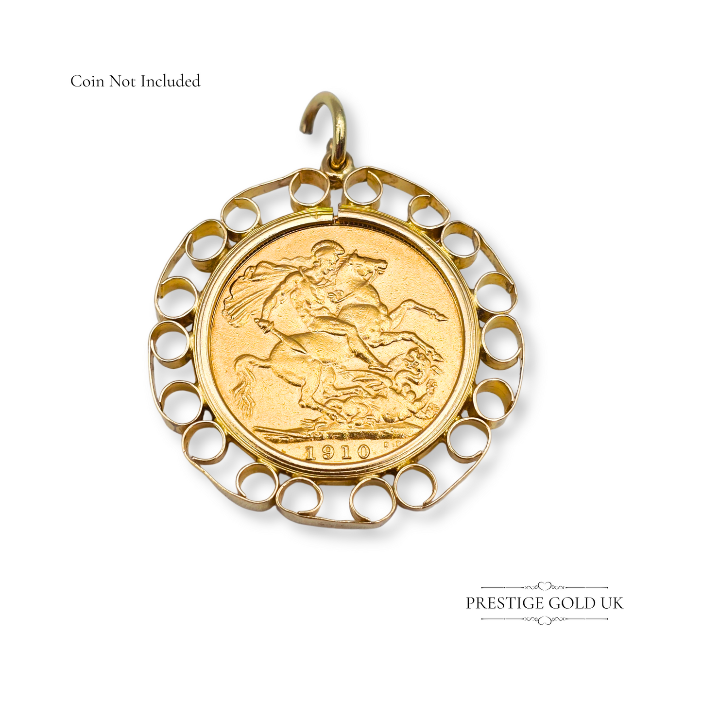 Large 9ct Gold Full Sovereign Coin Holder Pendant, Scroll Edge Coin Bezel
