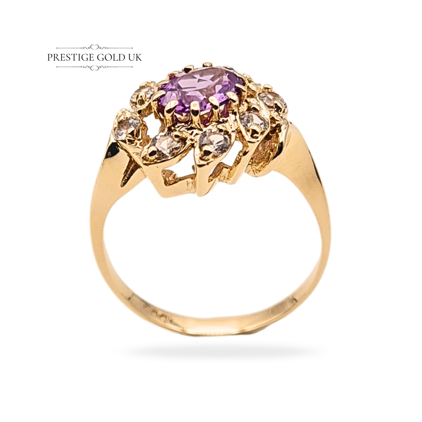 14ct gold oval cluster ring with central pink amethyst and cubic zirconia accents, weighing 3.1g, stamped 585 and fully tested, UK size M, US 6 1/2, with a 13mm x 12mm ring face and twist band design, fine women’s gemstone jewellery.