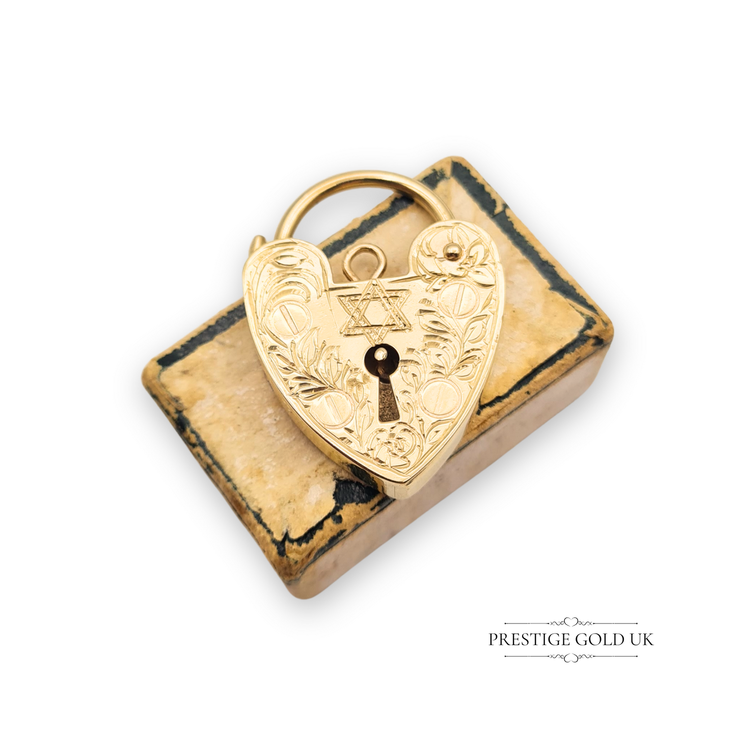 Large 9ct Gold Vintage Heart Padlock, With Hand Engraved Star of David
