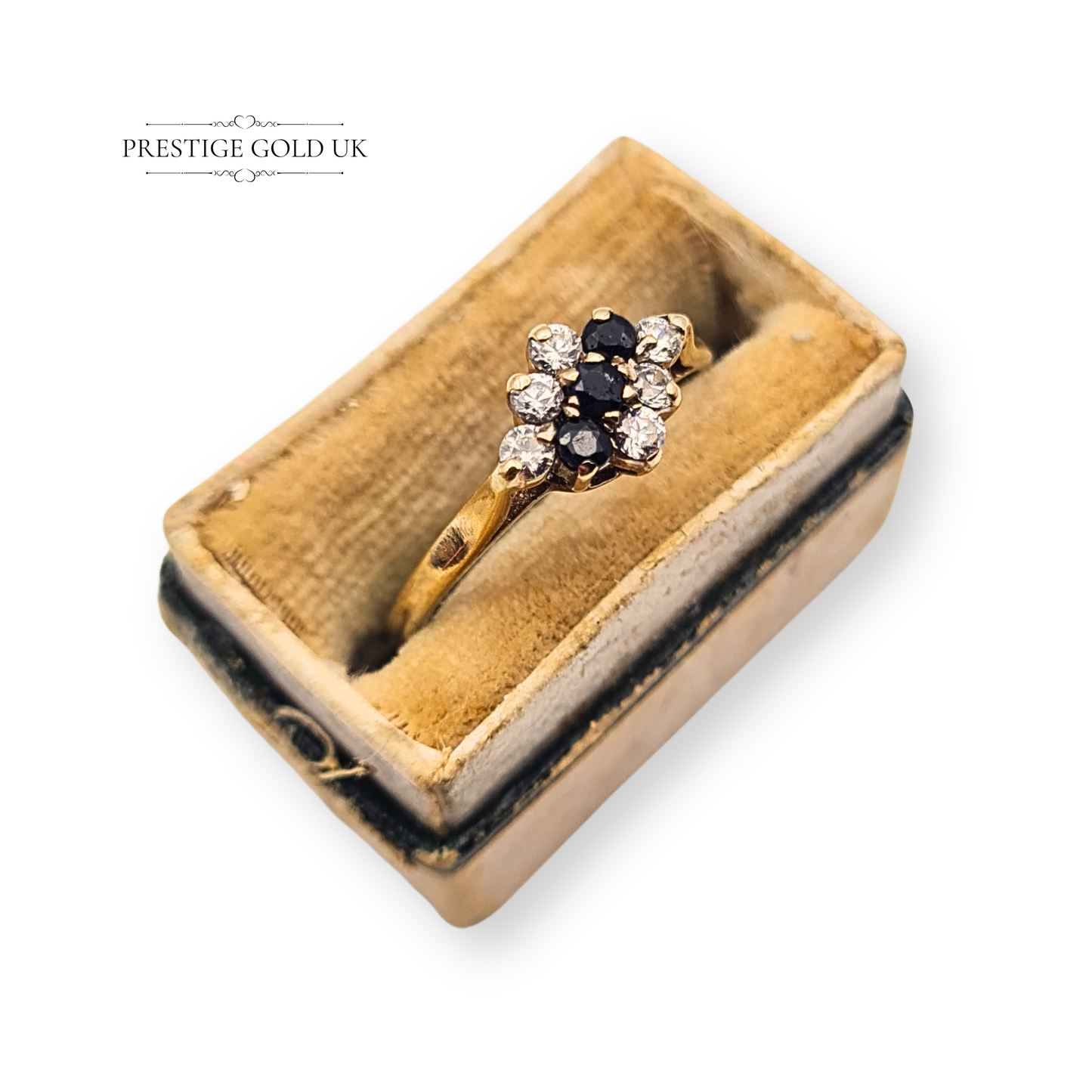 9ct Gold Sapphire & CZ Cluster Ring, Hallmarked London 1990, Size UK L 1/2 US 6
