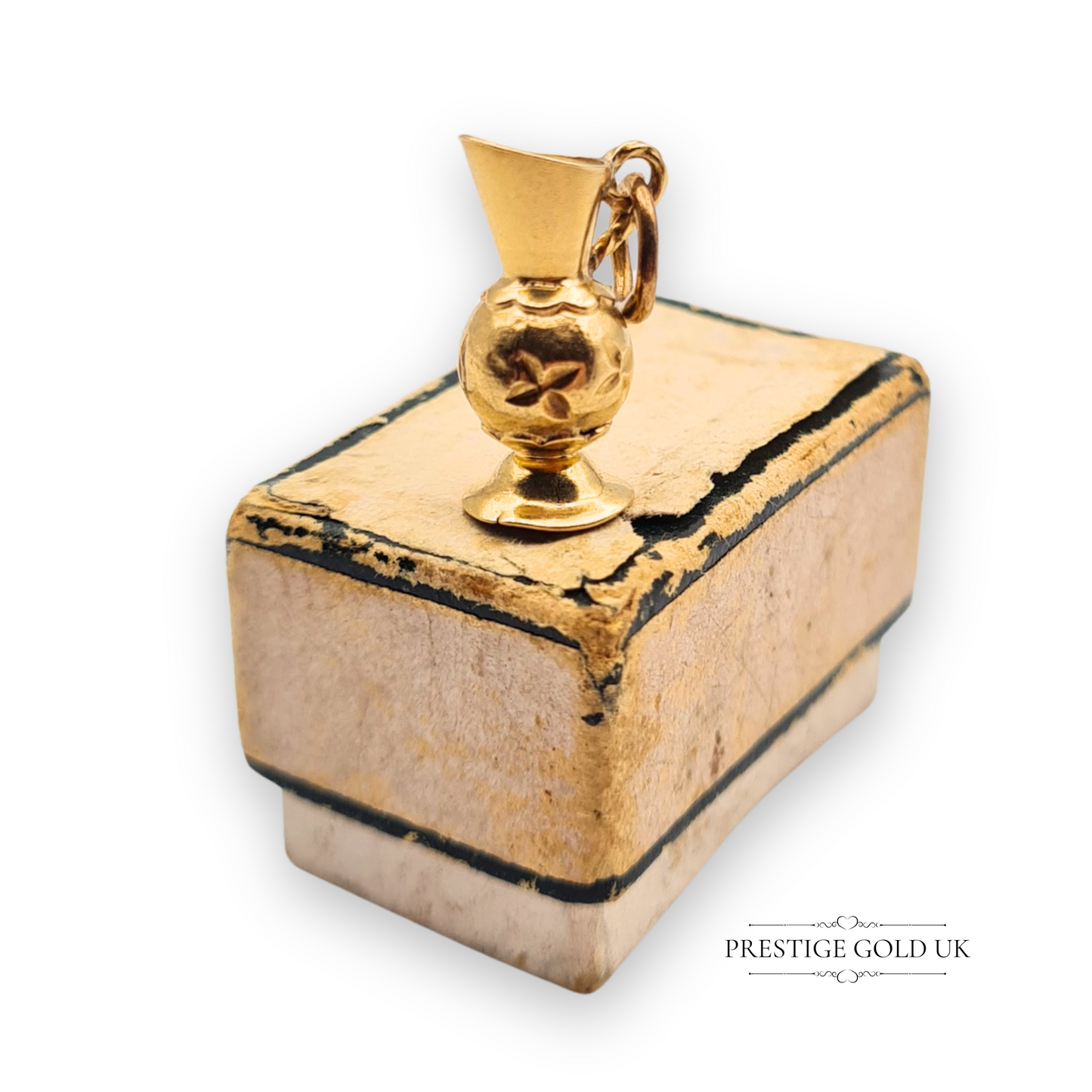 9ct Tiny Gold Pouring Jug Charm, Miniature Vase Design, Floral Engraved Detail