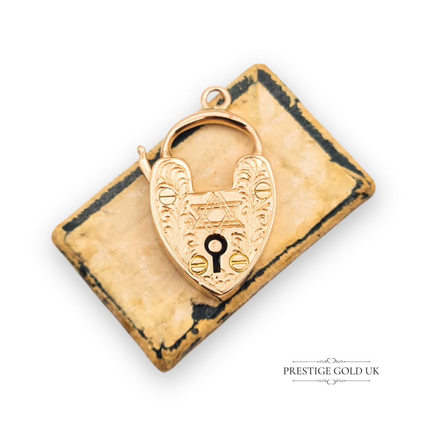 9ct Rose Gold Star of David Hand Engraved Floral Heart Padlock