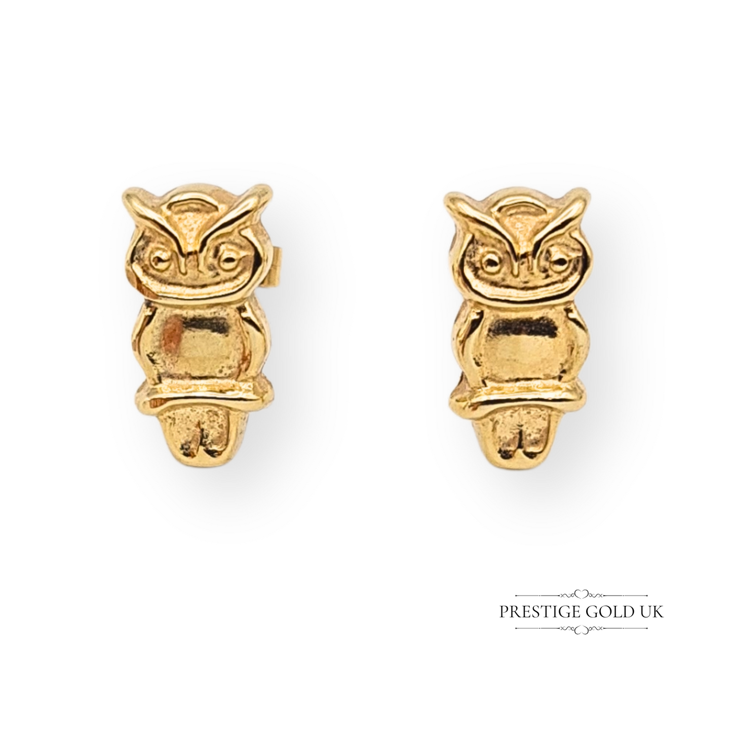 9ct Gold Owl Stud Earrings, Hollow Lightweight Design With Butterfly Backs