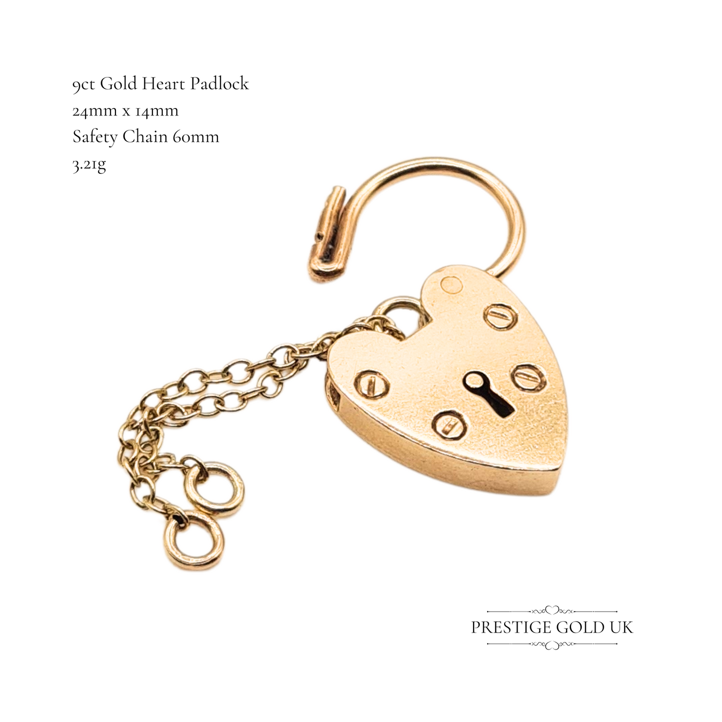 9ct Gold Heart Padlock Charm 1991 PJ Birmingham with 60mm Safety Chain