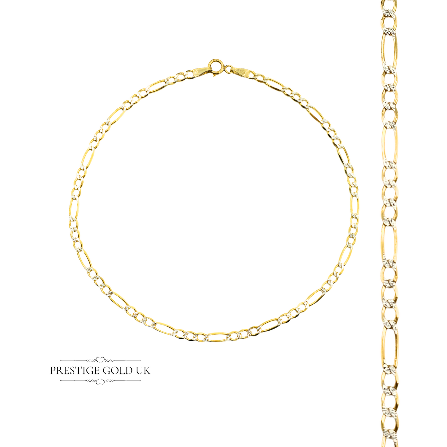 9 3/4" Vintage 9ct Yellow & White Gold Figaro Bracelet Anklet