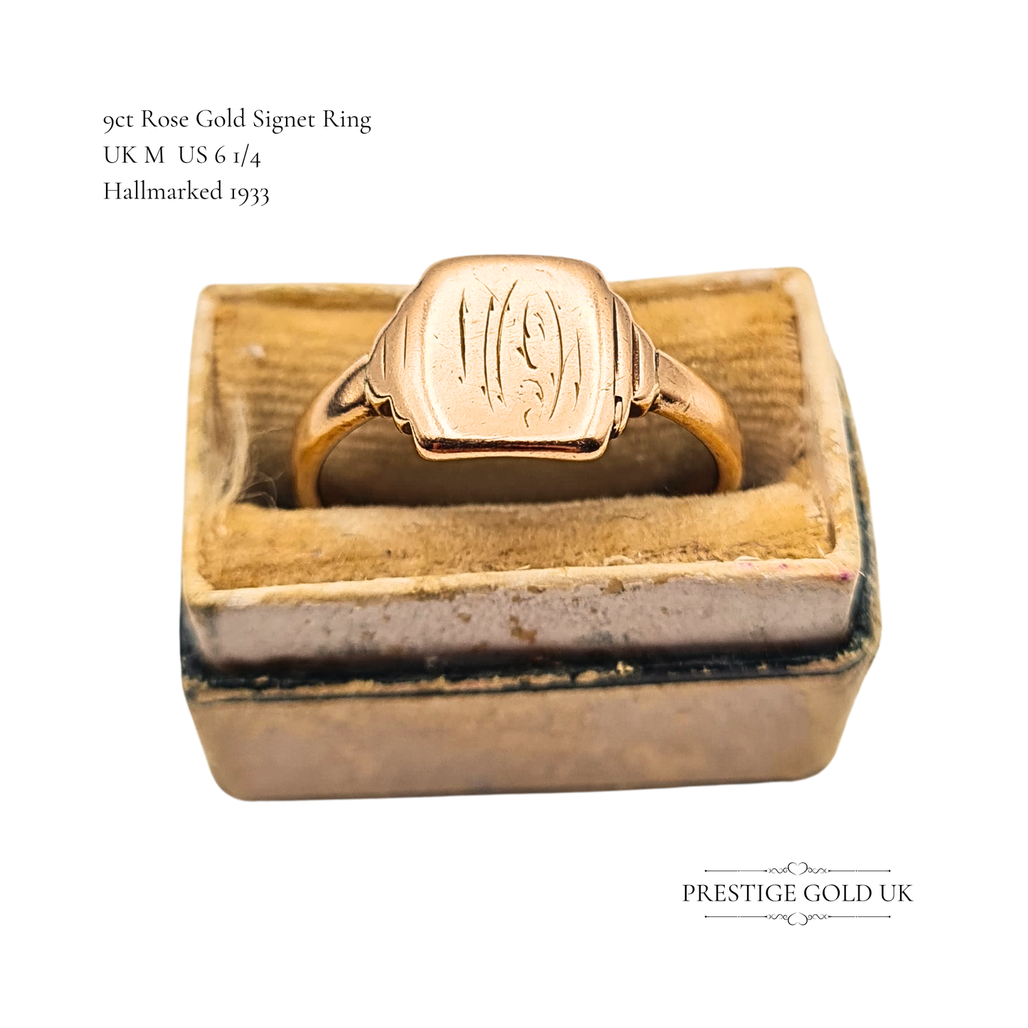 Dainy 9ct Rose Gold Signet Ring Square Monogram UK M US 6 1/4 Circa 1933