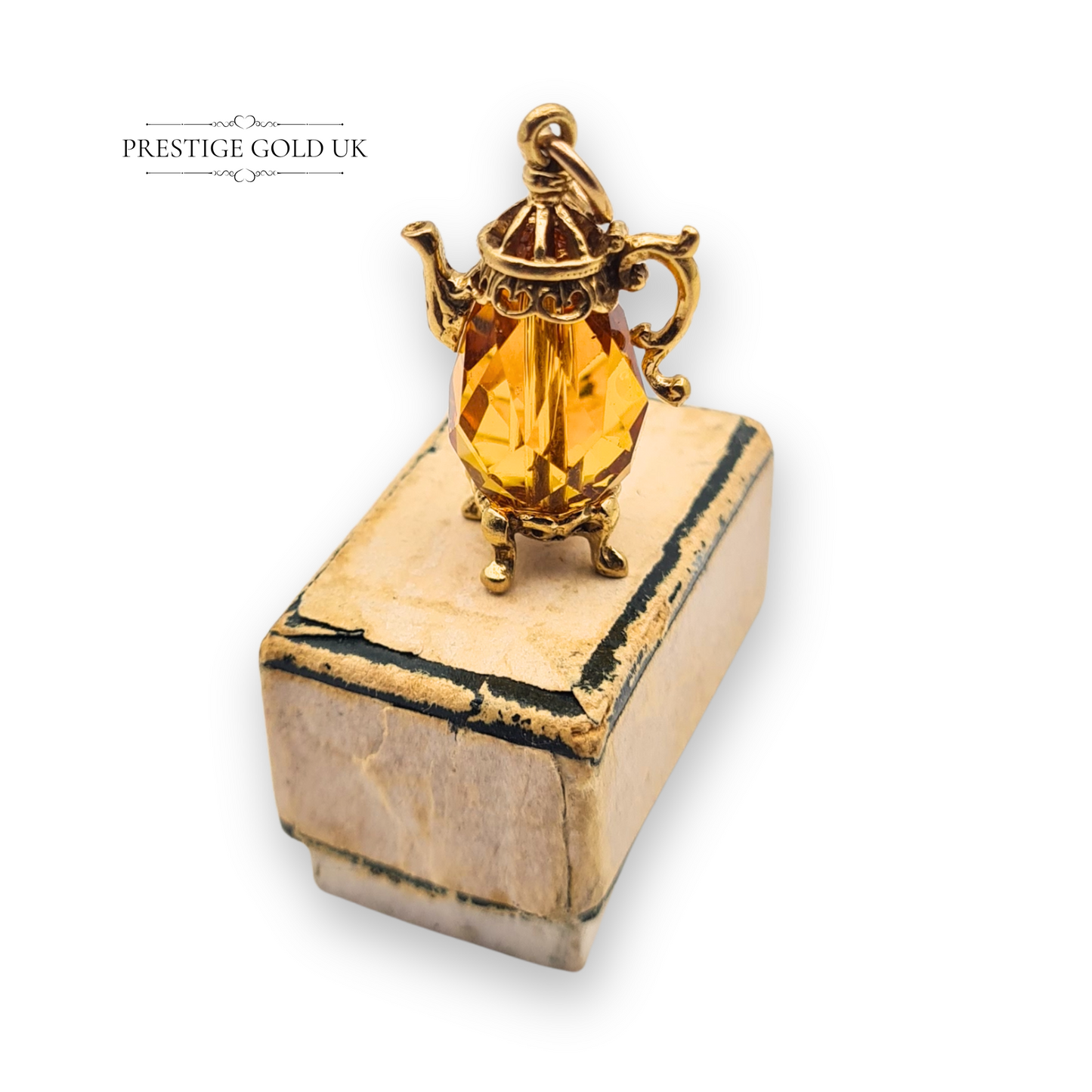 9ct Gold Vintage Teapot Coffee Pot Charm With Orange Faceted Crystal