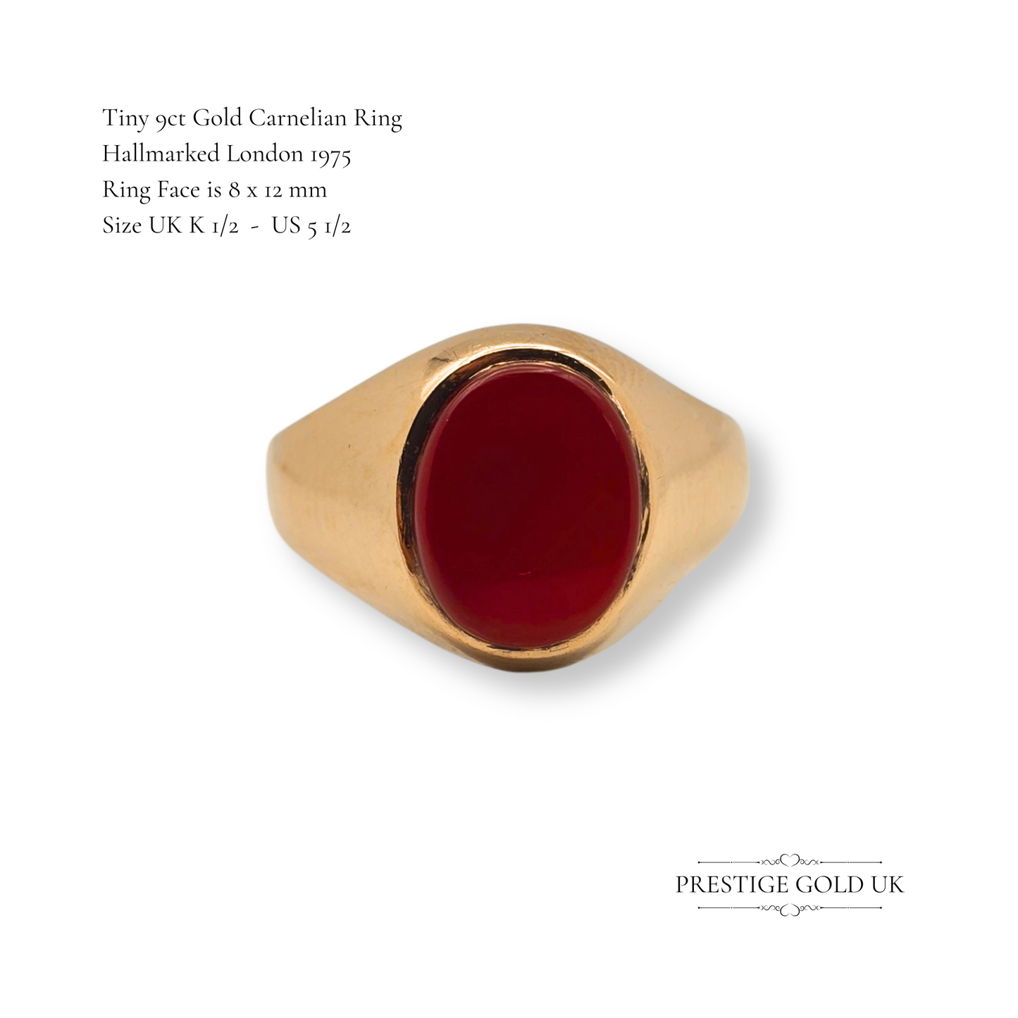 Tiny 9ct Gold Carnelian Signet Ring, Hallmarked London 1975, UK K 1/2 US 5 1/2