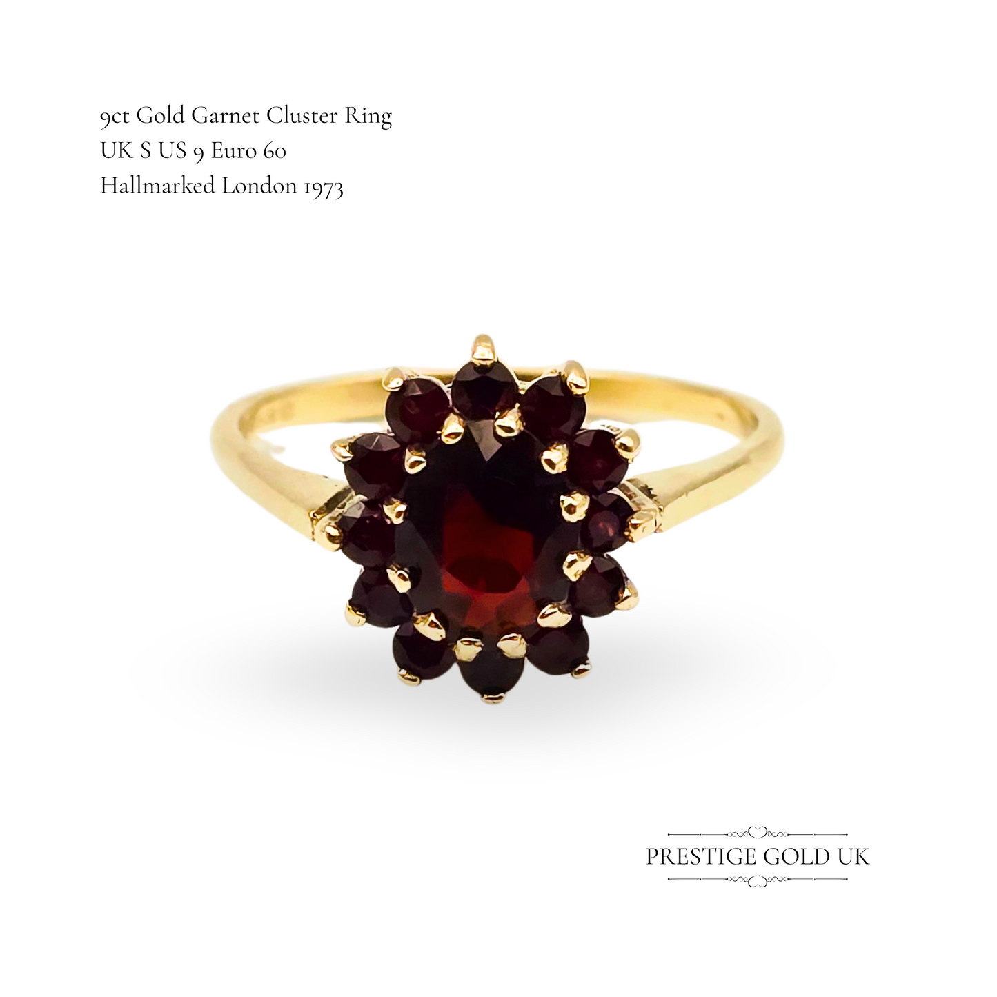 9ct Gold Garnet Cluster Ring, 1973, UK S / US 9, Red Gem Floral Design