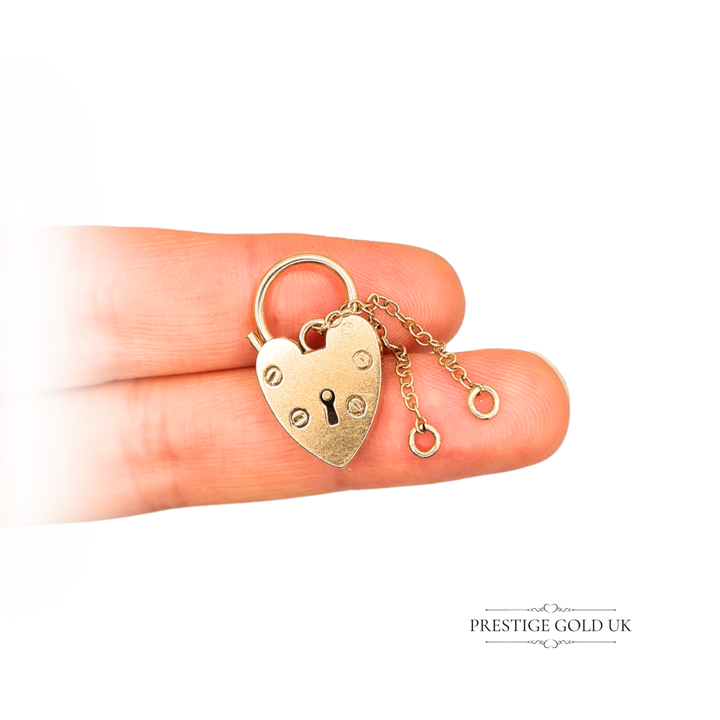 9ct Gold Heart Padlock Charm 1991 PJ Birmingham with 60mm Safety Chain