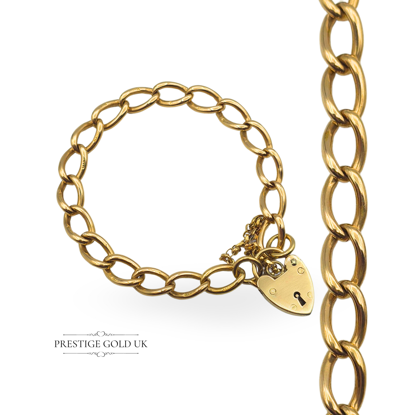 A vintage 9ct gold solid charm bracelet, fully hallmarked in London in 1989, weighing 24.5g. Features 8mm-wide interlocking links and a heart padlock clasp with a safety chain. Classic and elegant, perfect as a statement piece or for adding charms.
Let me know if you'd li