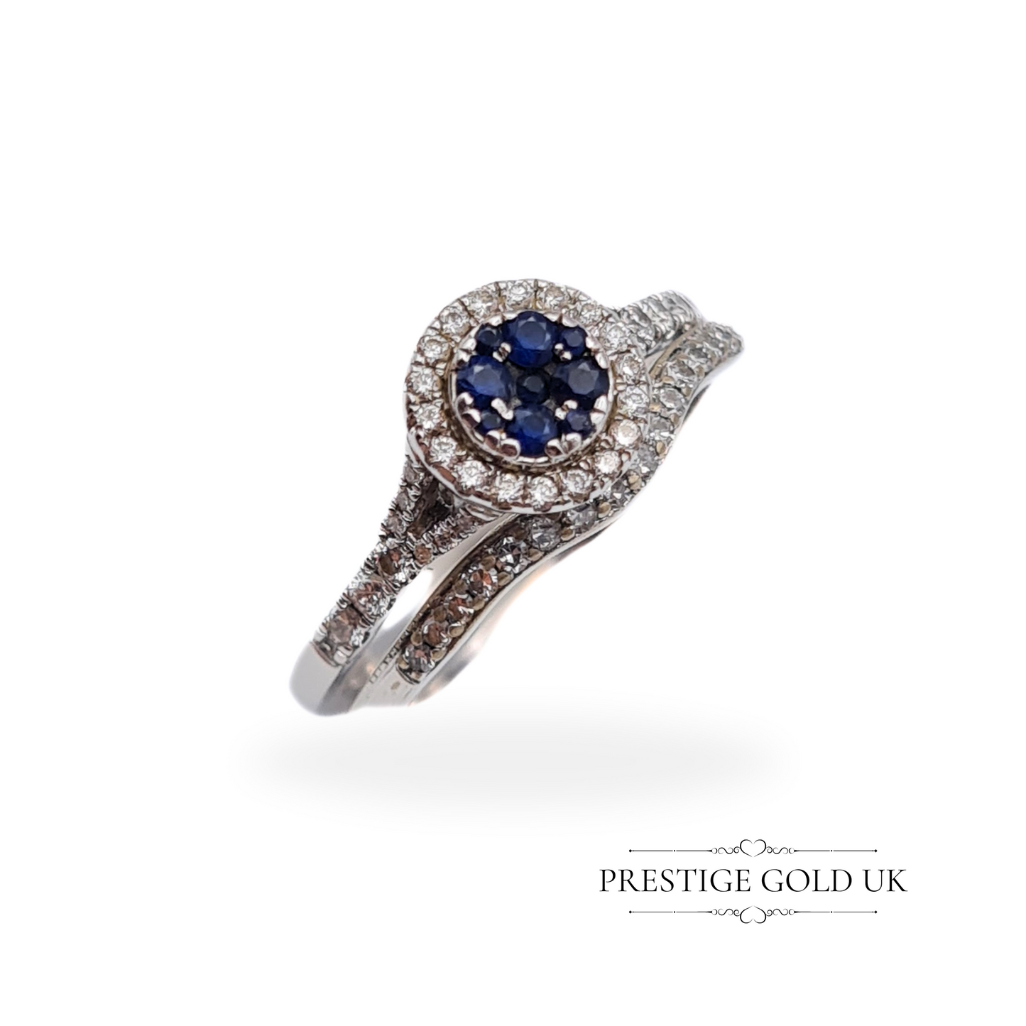 18ct White Gold Sapphire and Diamond Halo Engagement Ring & Wedding Band Set