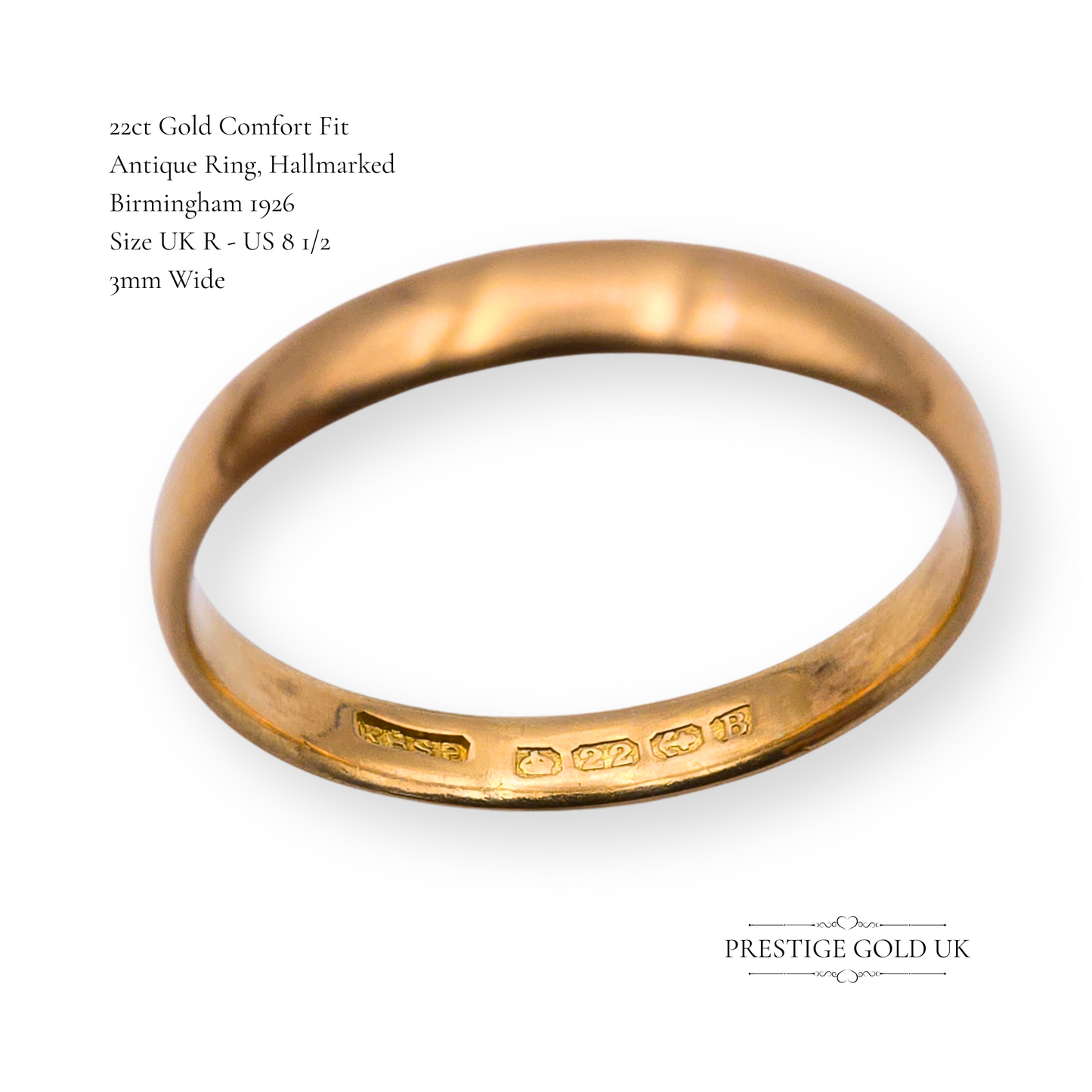 22ct Gold Comfort Fit Wedding Ring, UK R - US 8 1/2, Hallmarked 1926