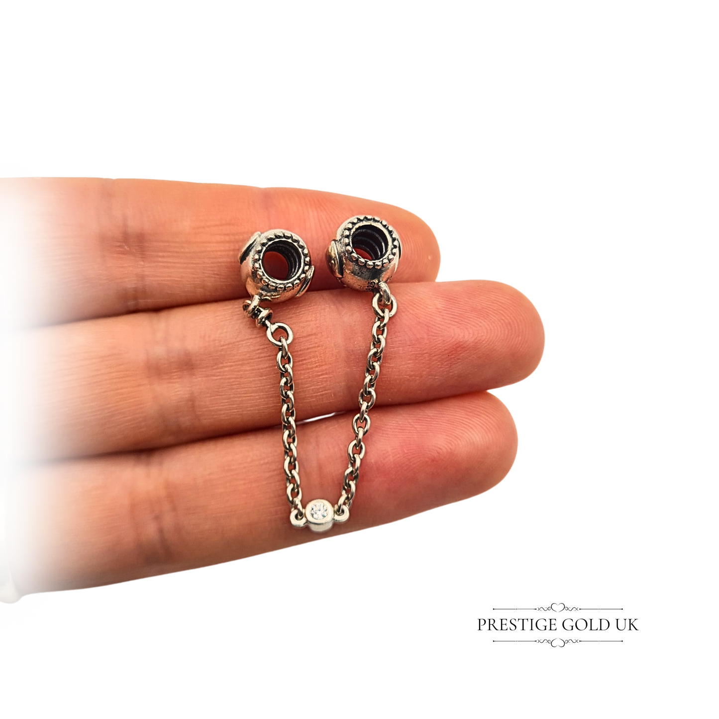 Pandora Silver Safety Chain With CZ, ALE 925, Embossed Heart Design