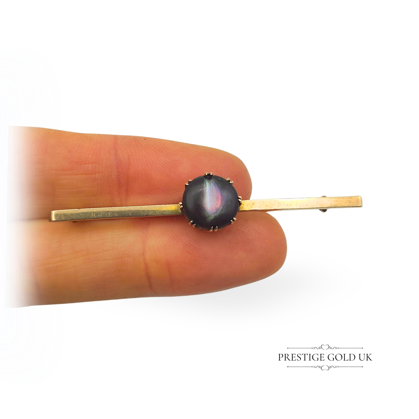 Antique 9ct Gold Bar Brooch with Round Cut Cat’s Eye Stone - CLEARANCE