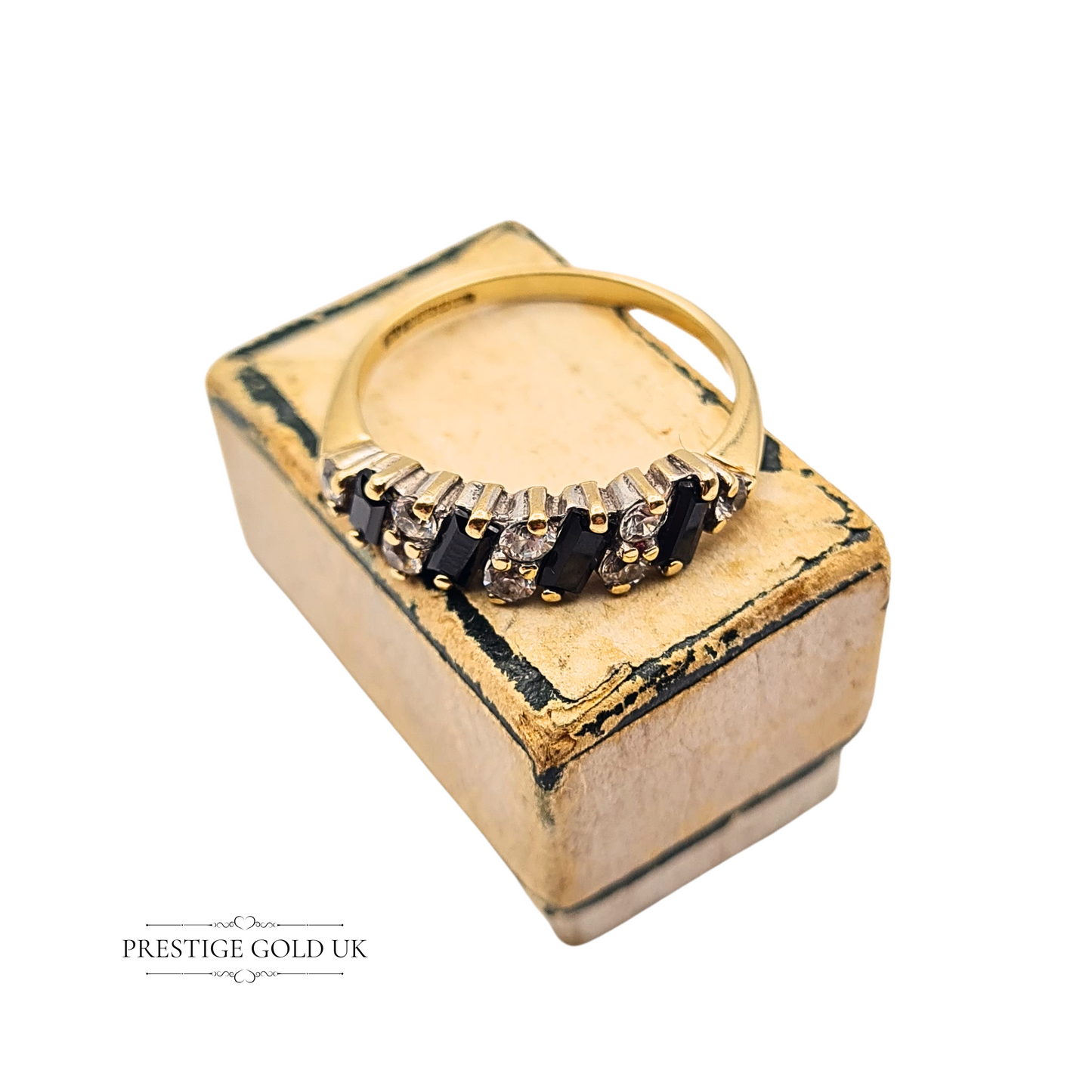 9ct Gold Navy Sapphire CZ Half Eternity Ring UK M US 6 1/2 Baguette Cut Stones
