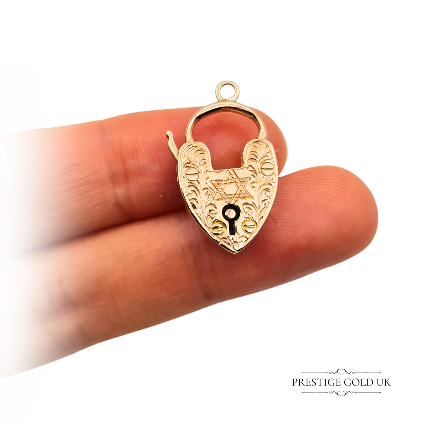 9ct Rose Gold Star of David Hand Engraved Floral Heart Padlock