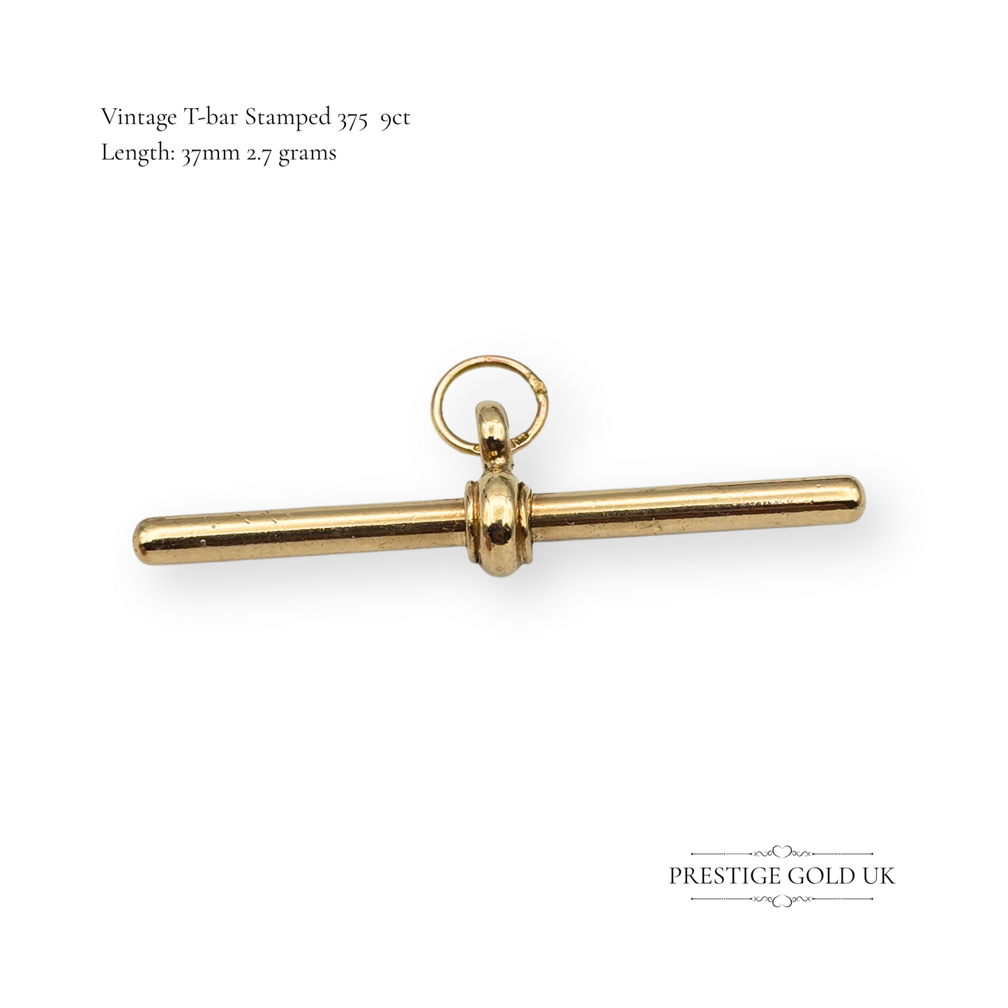9ct Yellow Gold T-Bar Pendant, Stamped 375, 37mm Long Open Jump Ring