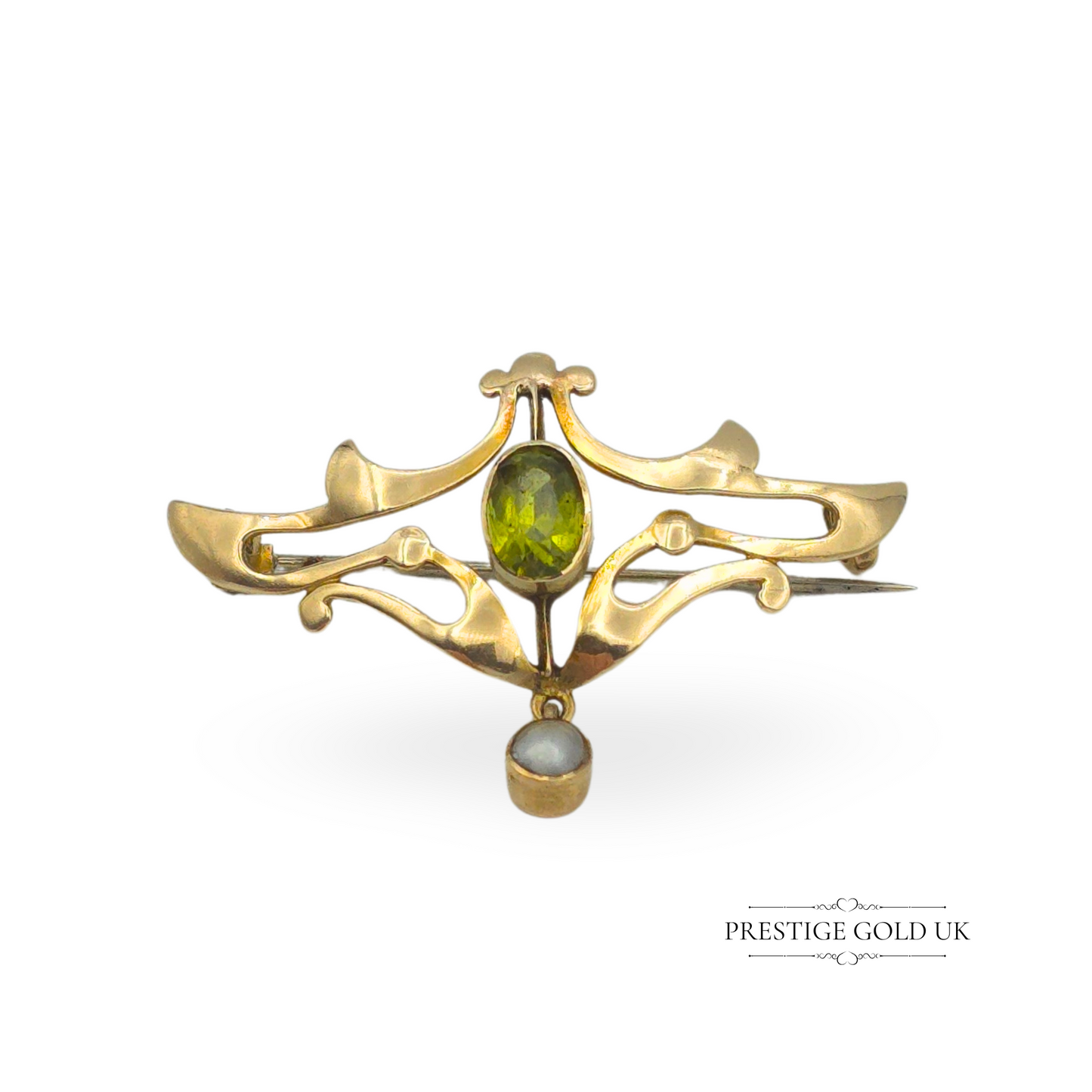 Antique 9ct Gold Art Nouveau Peridot & Pearl Brooch