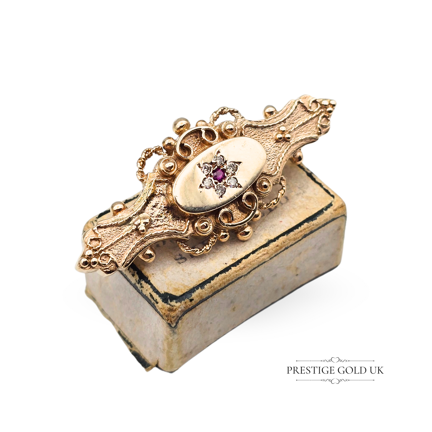 9ct Gold Ruby Diamond Set Ornate Brooch Element Scroll Work, Hand Crafted