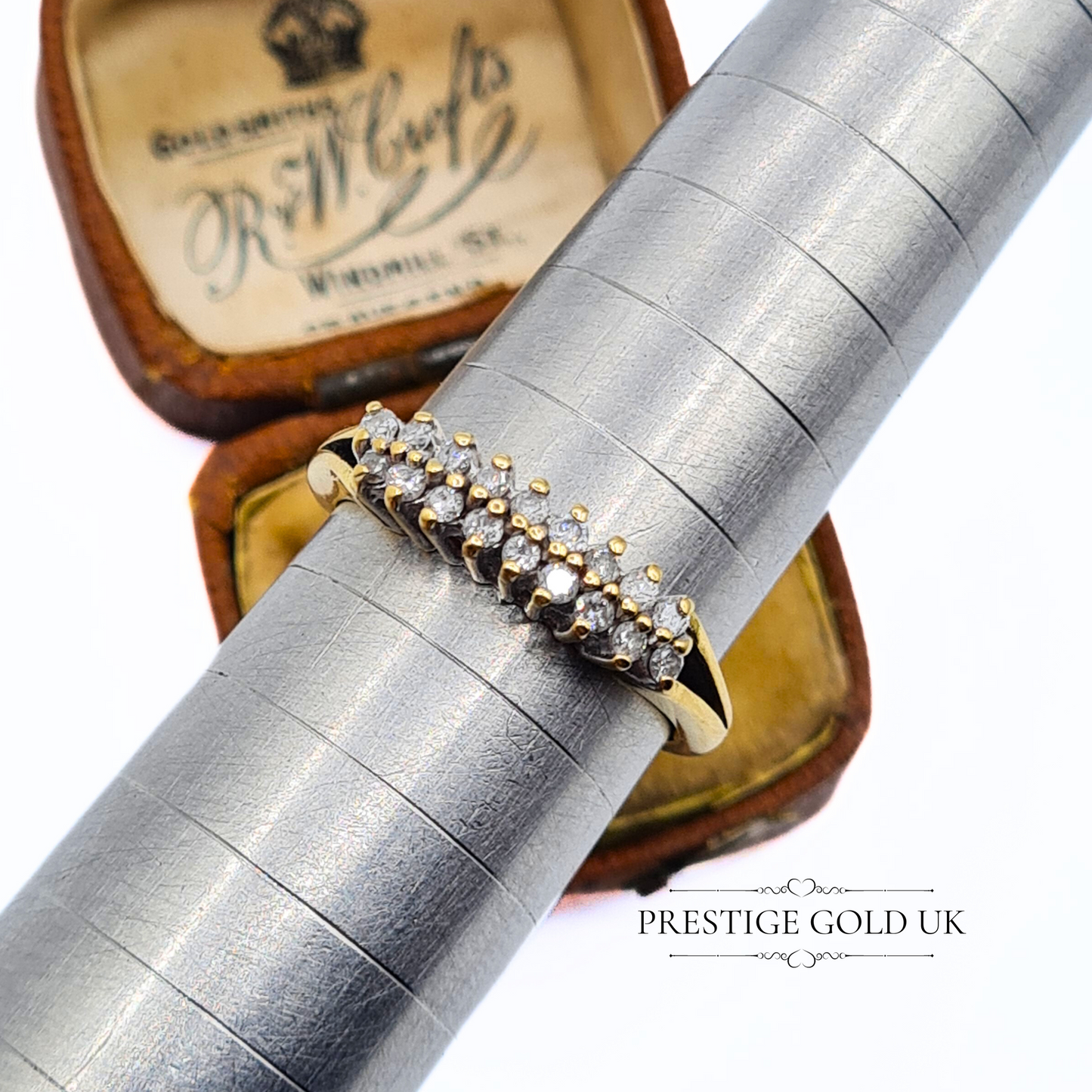 18ct Gold & Diamond Twin Row Ring - Paved Diamond Split Ring Size UK O 1/2 - US 7 1/2