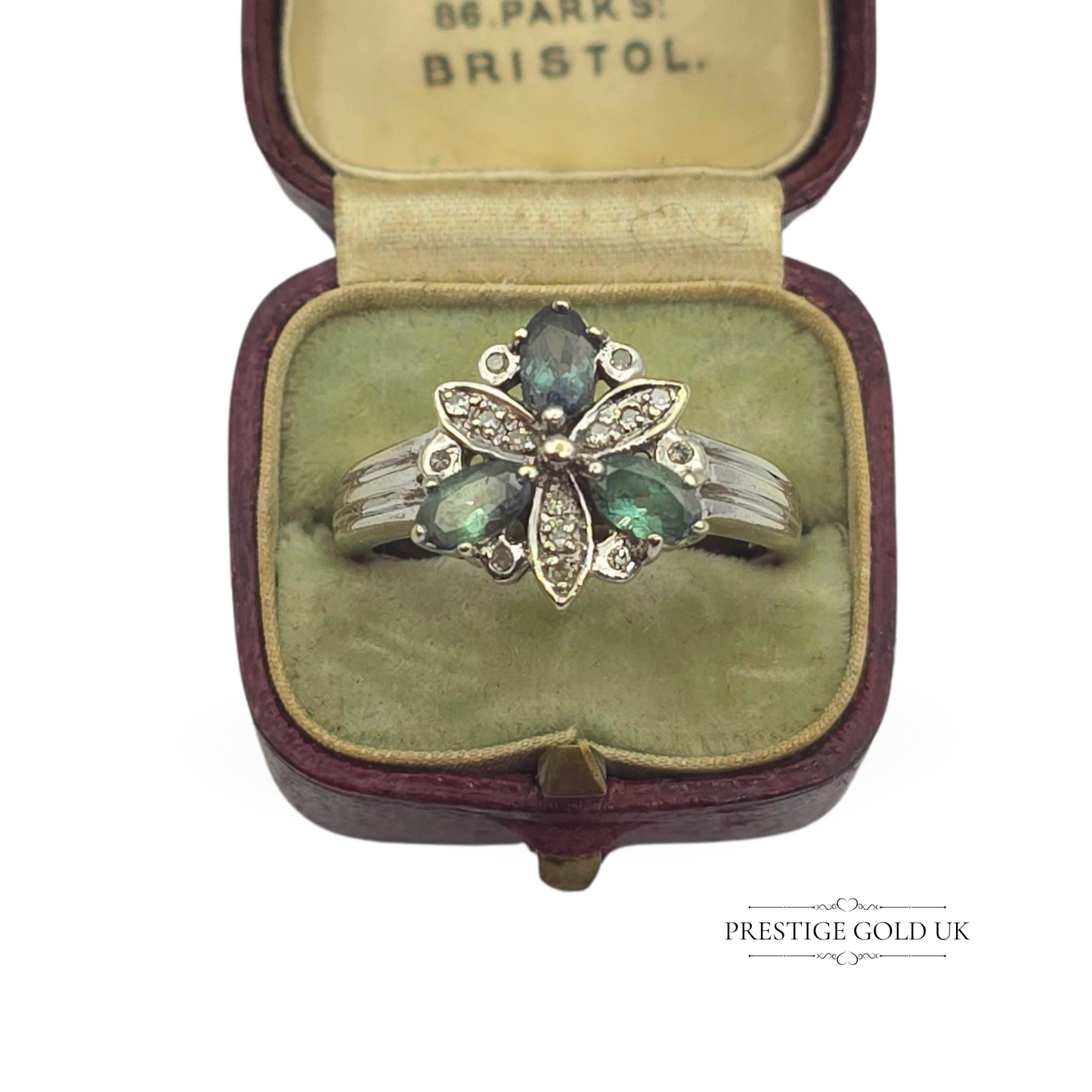 Vintage 14ct White Gold Tourmaline & Diamond Ring - UK N 1/2, US 7 - CLEARANCE