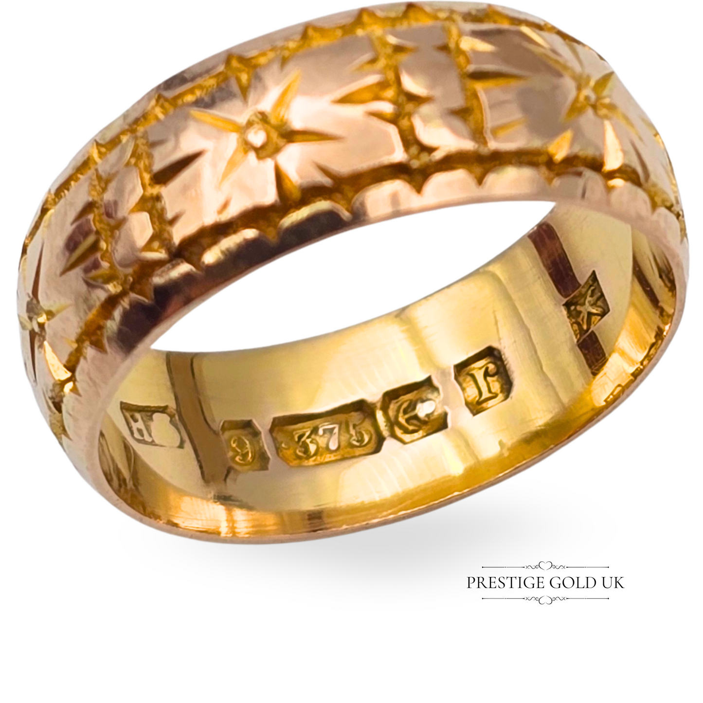 Antique 9ct Rose Gold Band, Star Pattern Hand Engraved Ring 1916, UK N 1/2 US 7