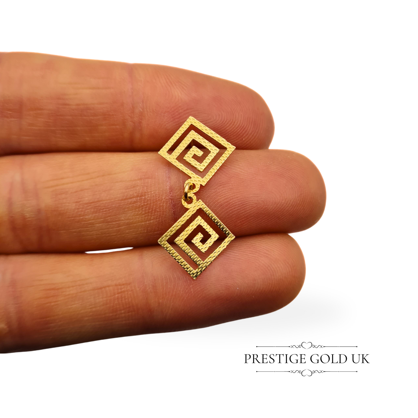 Vintage 14ct Gold Greek Key Dangle Earrings – 30mm Drop, Stamped 585, Lightweight Geometric Design