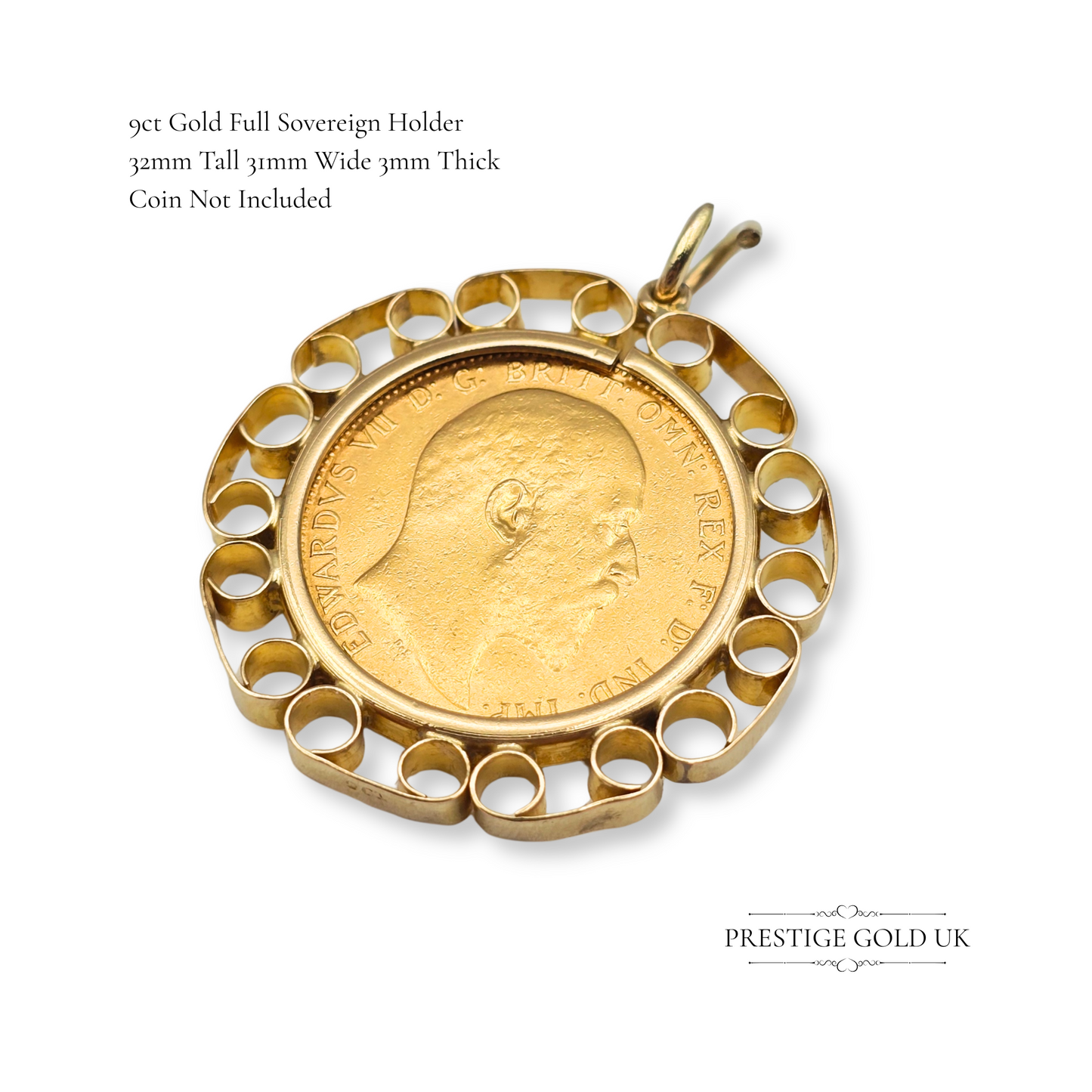 Large 9ct Gold Full Sovereign Coin Holder Pendant, Scroll Edge Coin Bezel
