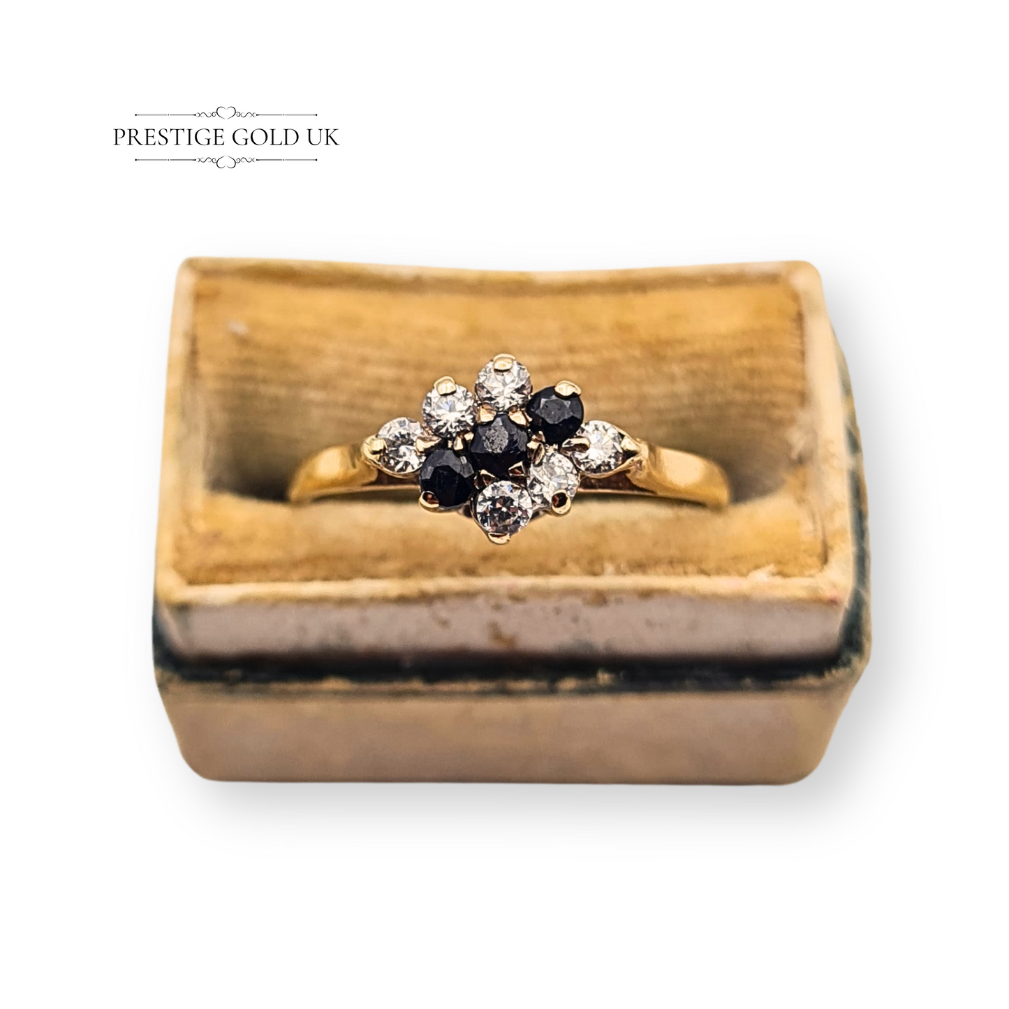 9ct Gold Sapphire & CZ Cluster Ring, Hallmarked London 1990, Size UK L 1/2 US 6