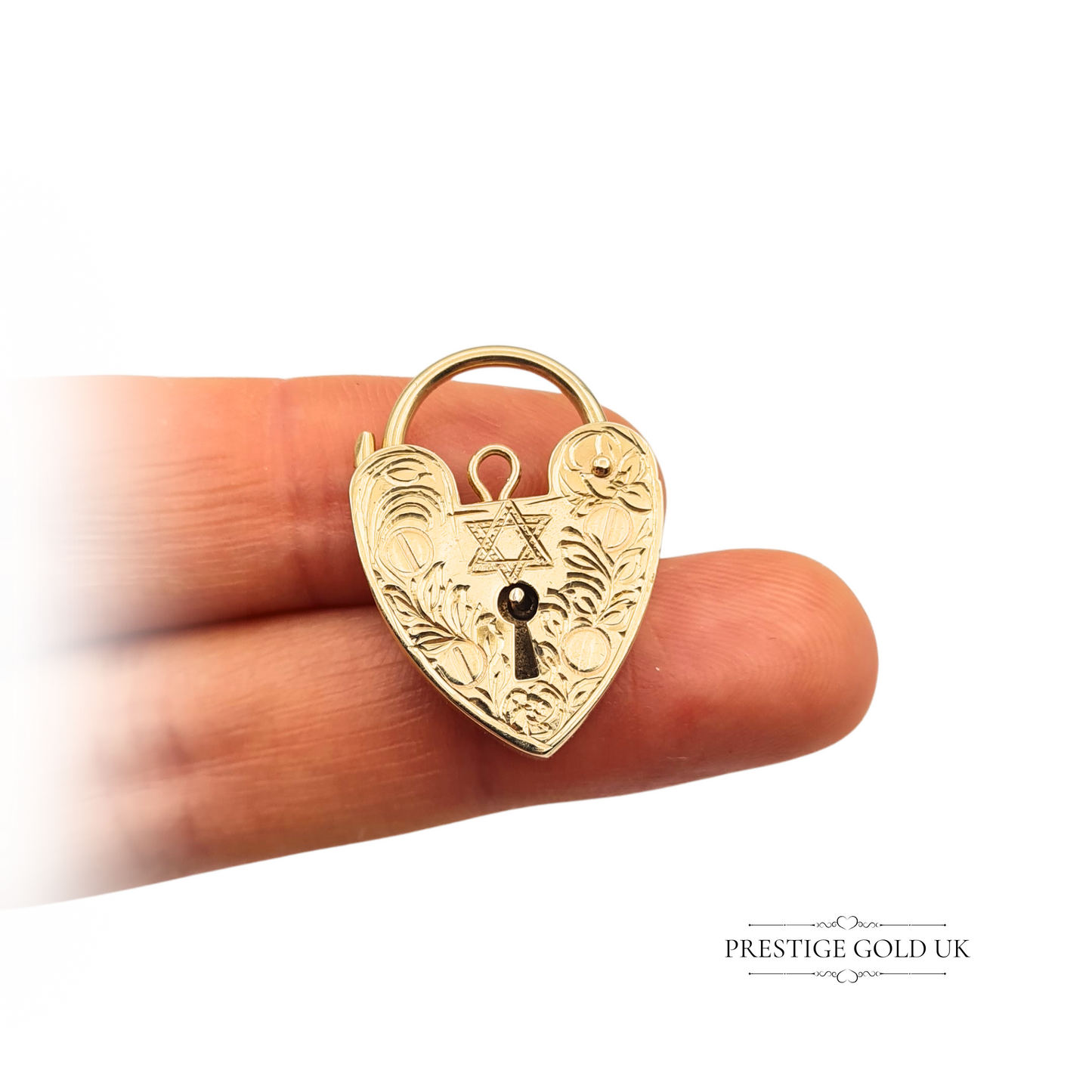 Large 9ct Gold Vintage Heart Padlock, With Hand Engraved Star of David