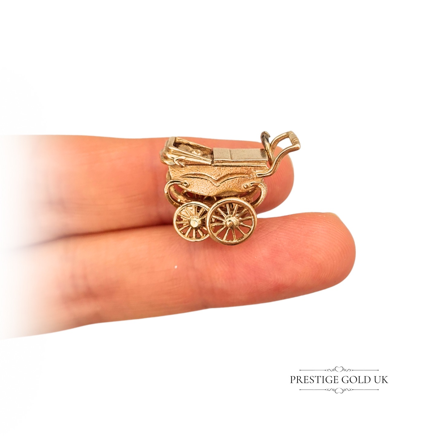 Large 9ct Gold Pram Charm With Baby, Old Fashioned Coach Built Pram