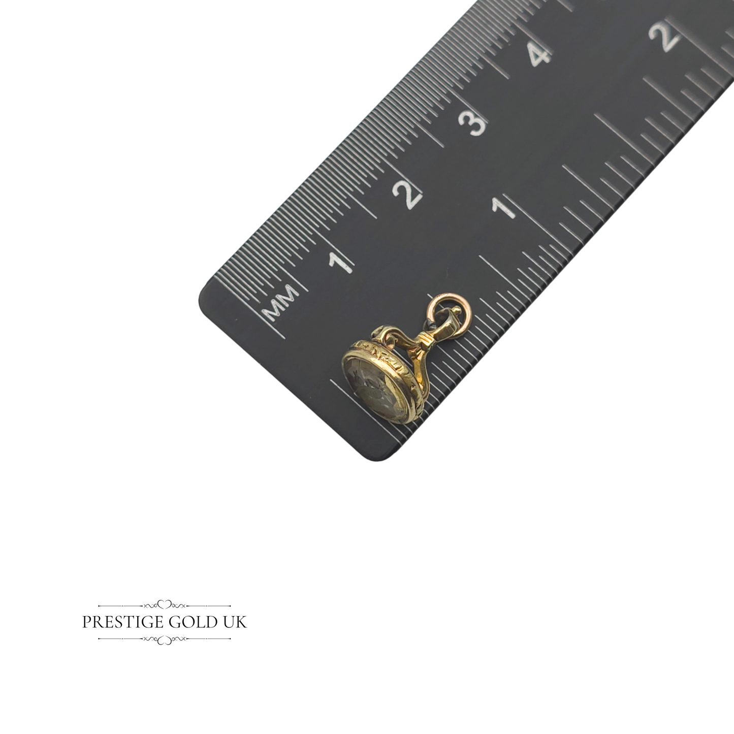 Tiny 9ct Gold Antique Intaglio Wax Seal Fob – Engraved with Drinking Birds, 13mm Tall, Open Jump Ring, Ornate Yellow Crystal Fob