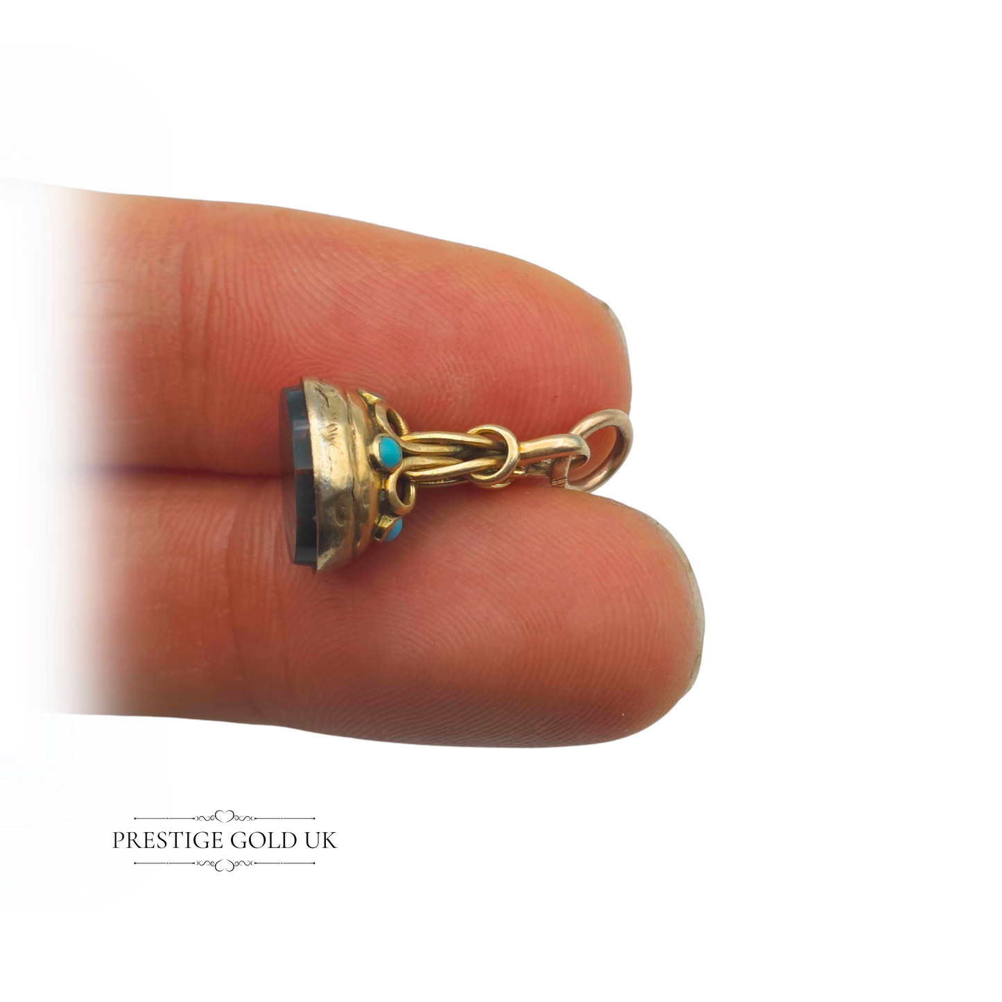 Antique 9ct Gold Bloodstone Fob Pendant with Turquoise Inlay
