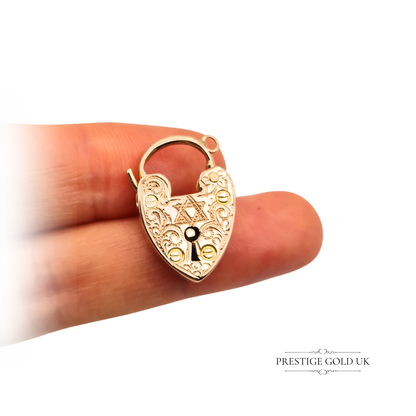Large 9ct Rose Gold Antique Padlock Pendant, Engraved Star of David