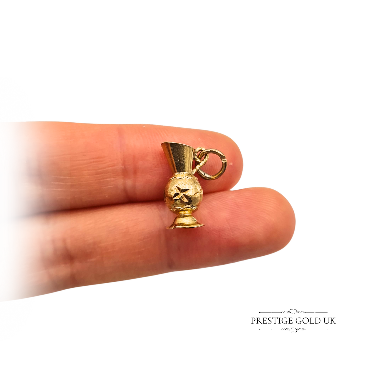 9ct Tiny Gold Pouring Jug Charm, Miniature Vase Design, Floral Engraved Detail