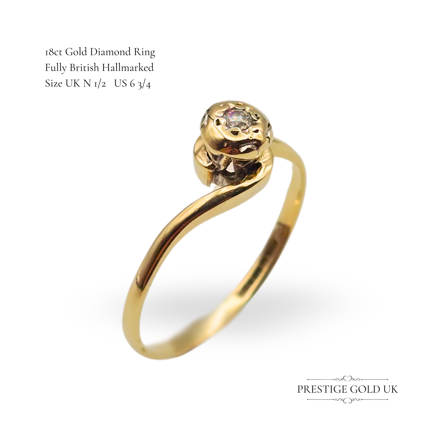 9ct Gold Bezel Set Diamond Twist Ring - Size UK N 1/2, US 6 3/4