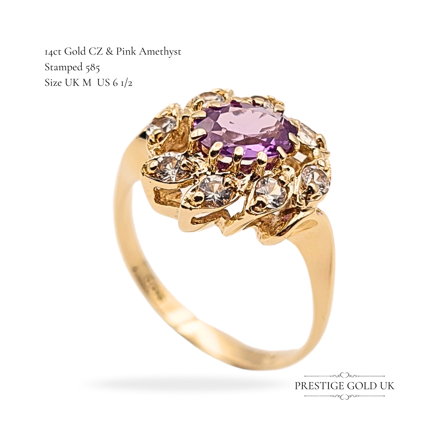 14ct Gold Pink Amethyst CZ Oval Cluster Ring, Size UK M US 6 1/2