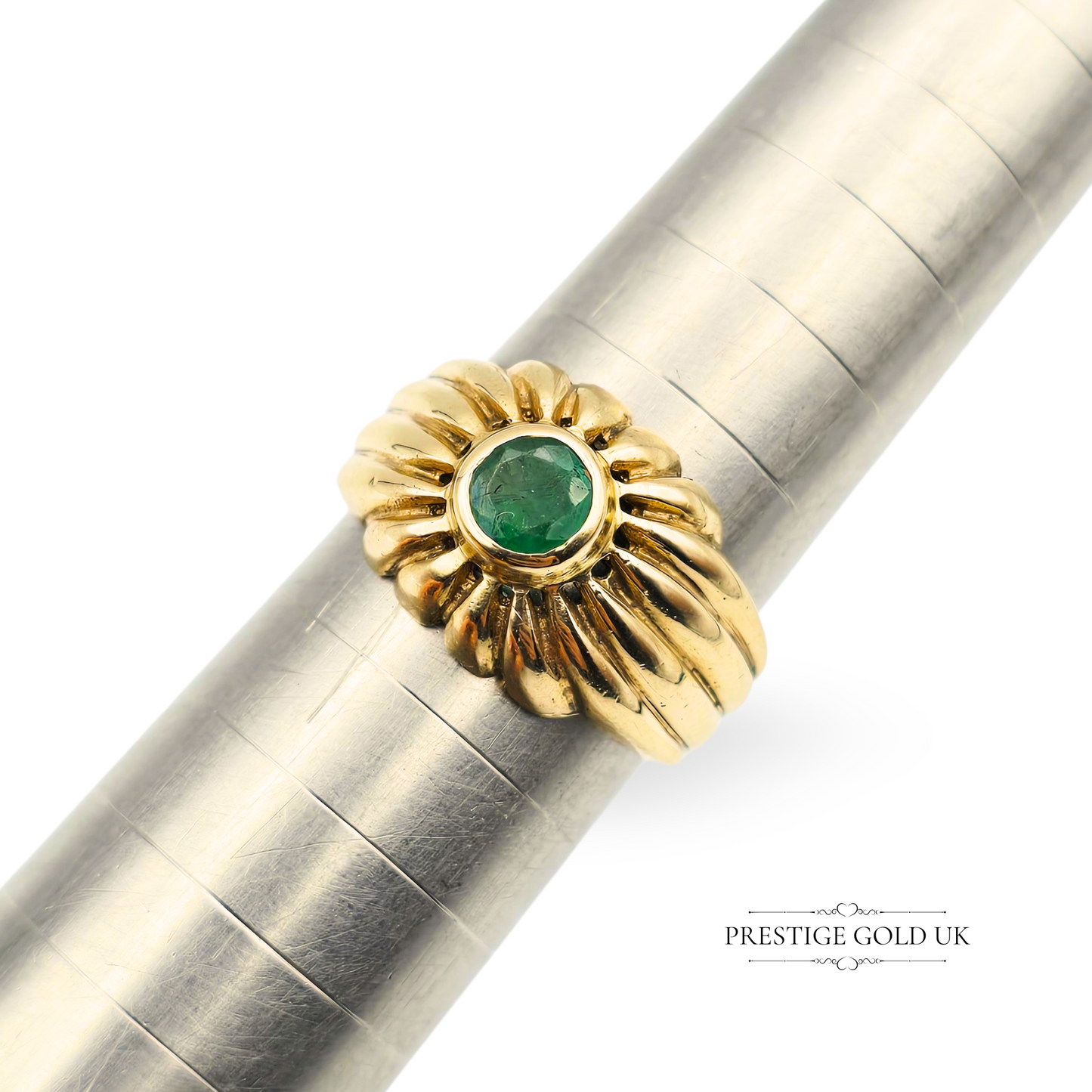 9ct Gold Ribbed Domed Ring, Large Bezel Set Emerald Ring UK Size N 1/2 US 7