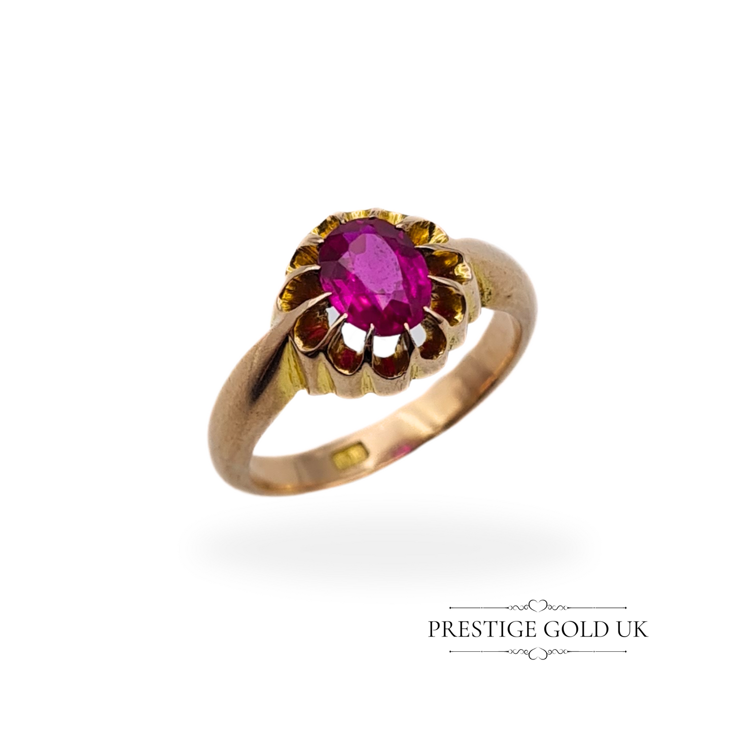 Vintage 9ct Gold Pink Oval Cut Paste Gypsy Ring - Size UK M US 6 1/4 Euro 52
