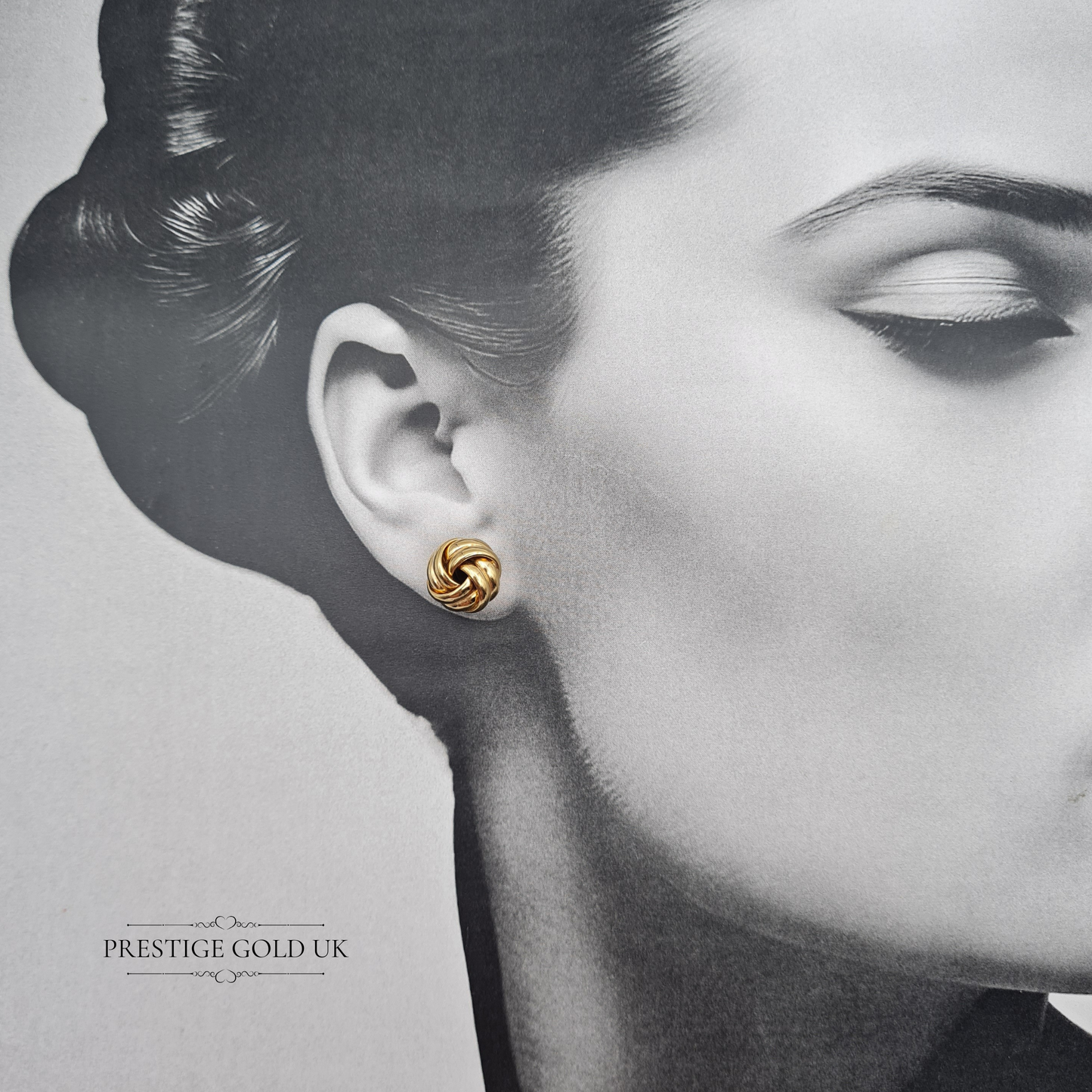 Large Gold Woolmark Stud Earrings, Large Lovers Knot Celtic Knot Ladies Studs