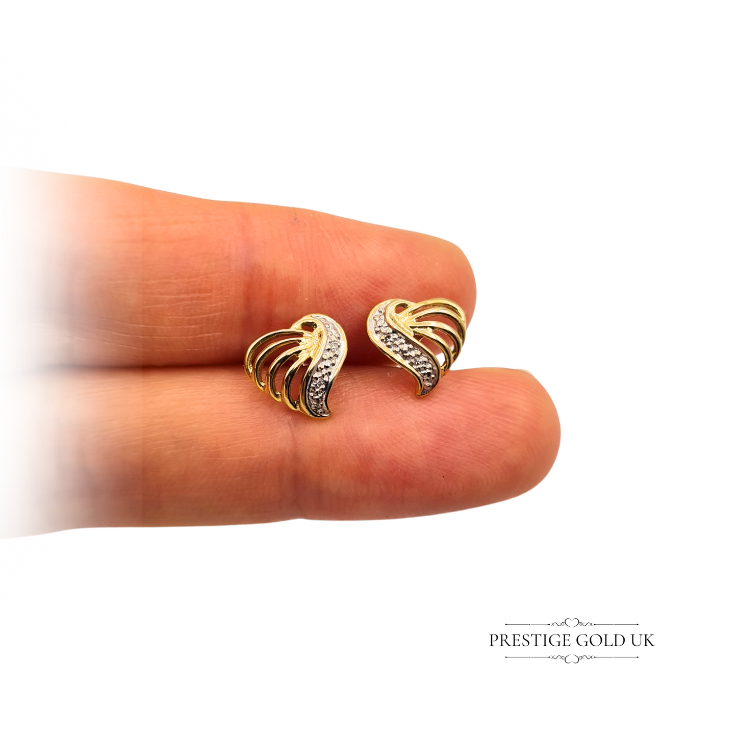 9ct Gold Heart Stud Earrings, Vintage Moissanite Detail White & Yellow Gold