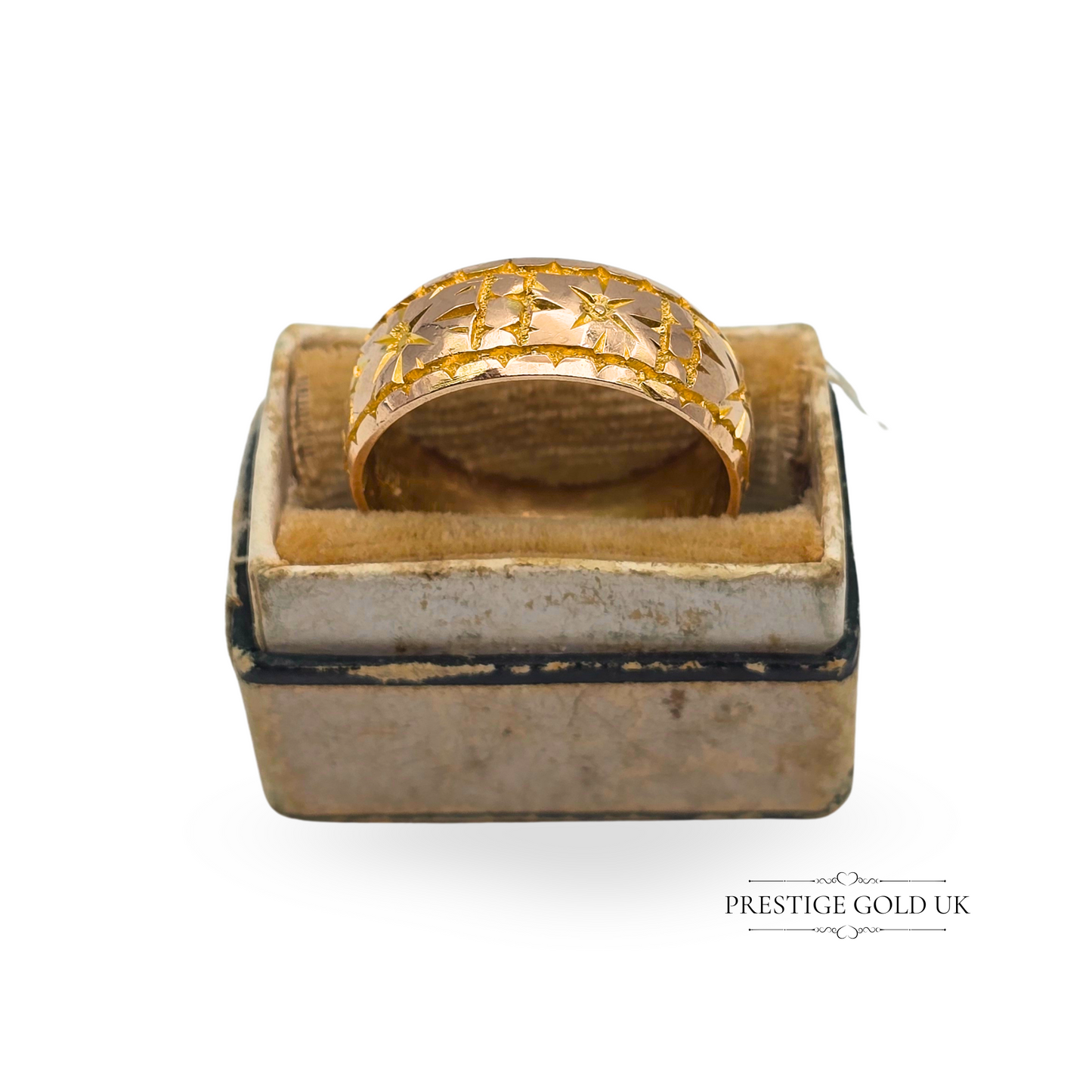 Antique 9ct Rose Gold Band, Star Pattern Hand Engraved Ring 1916, UK N 1/2 US 7