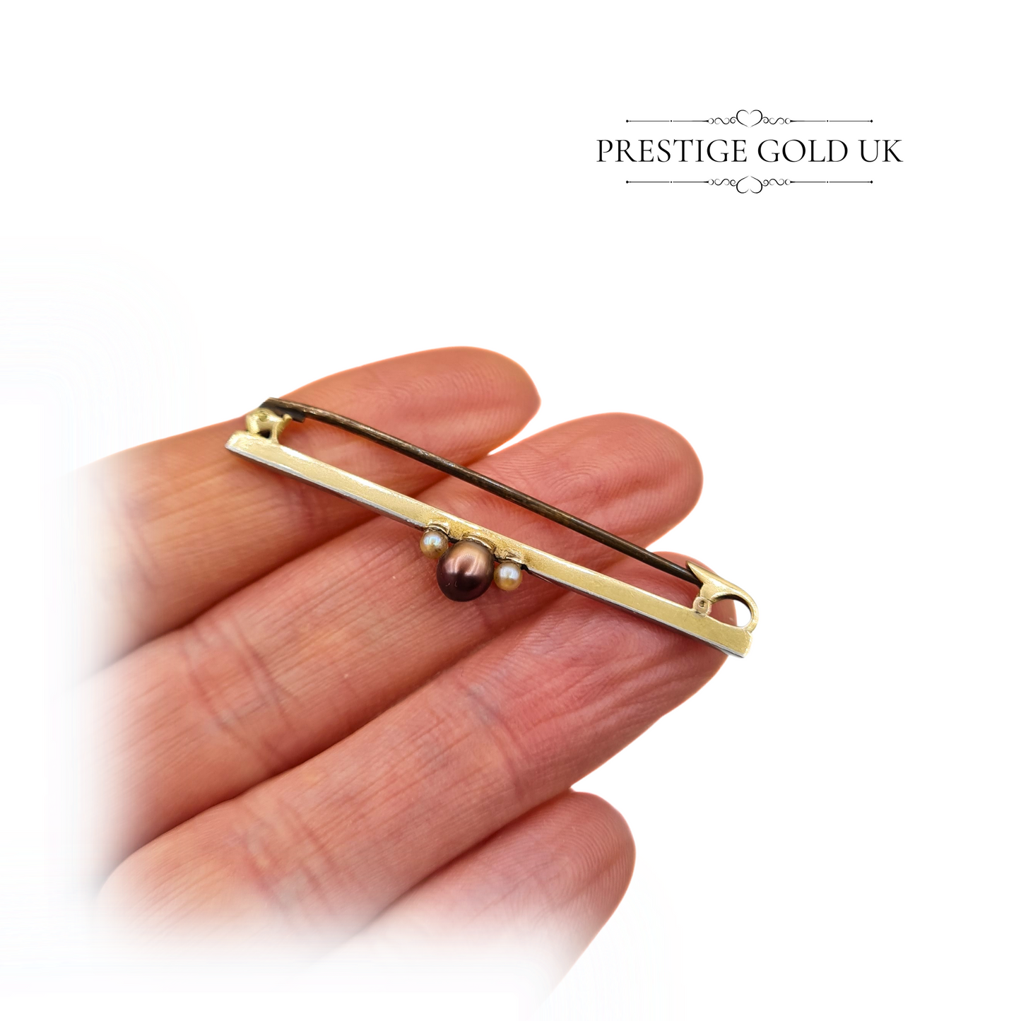 Vintage 9ct Gold Bar Brooch with Black & White Pearls, 4.5cm, 1 3/4 ” Length,