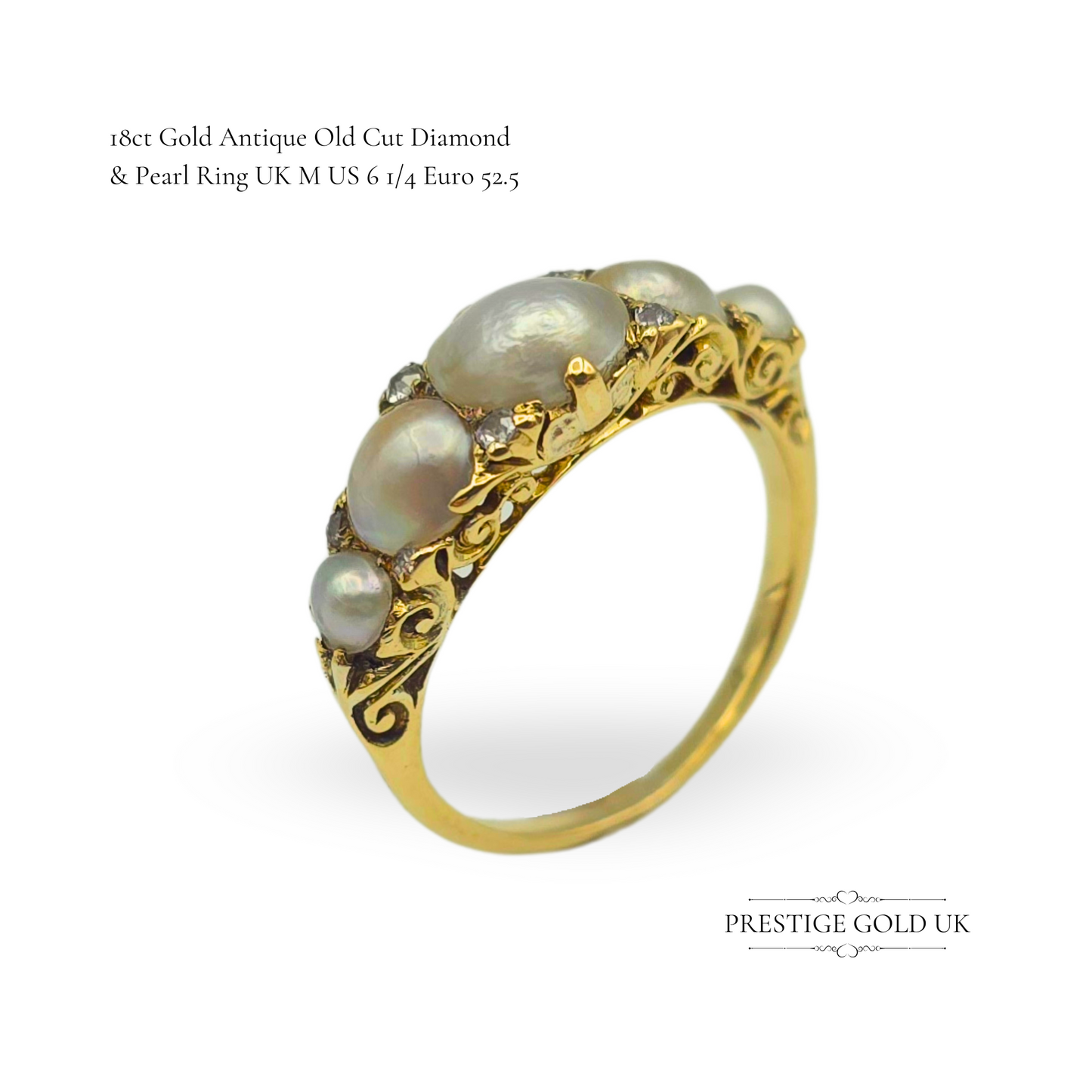 Antique 18ct Gold Pearl & Diamond Ring, UK M / US 6 1/4 Euro 52.5