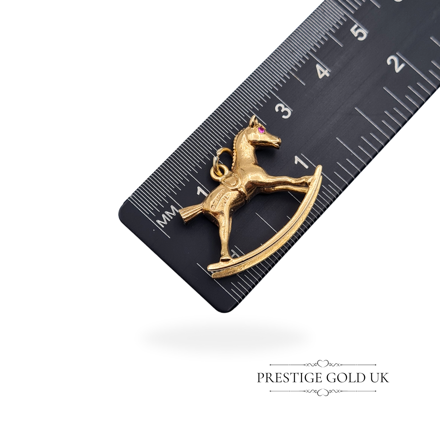 Vintage 9ct Gold Solid Rocking Horse Charm with Red Stone Eyes