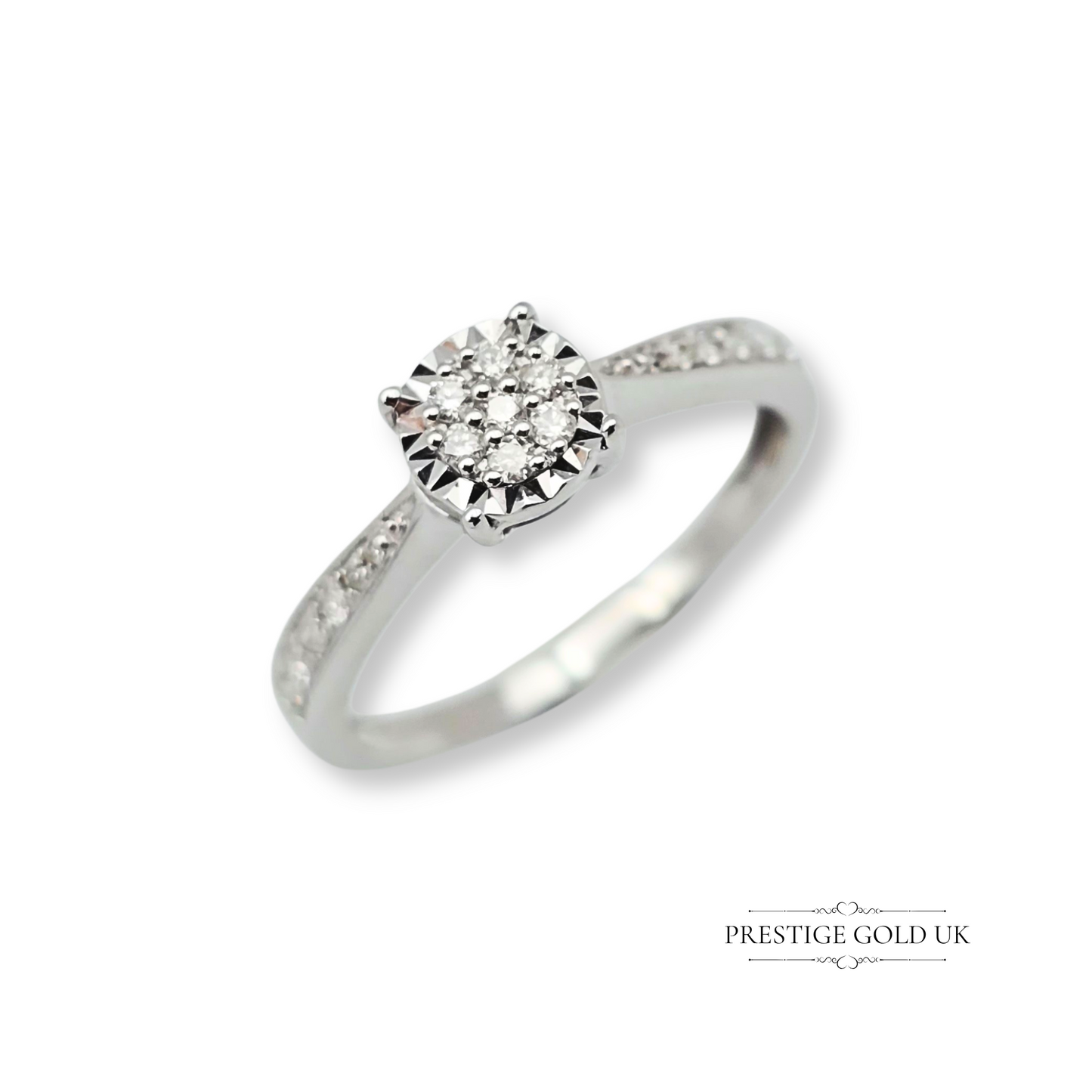 9ct White Gold Diamond Engagement Ring, illusion Set Diamonds UK M - US 6 1/4